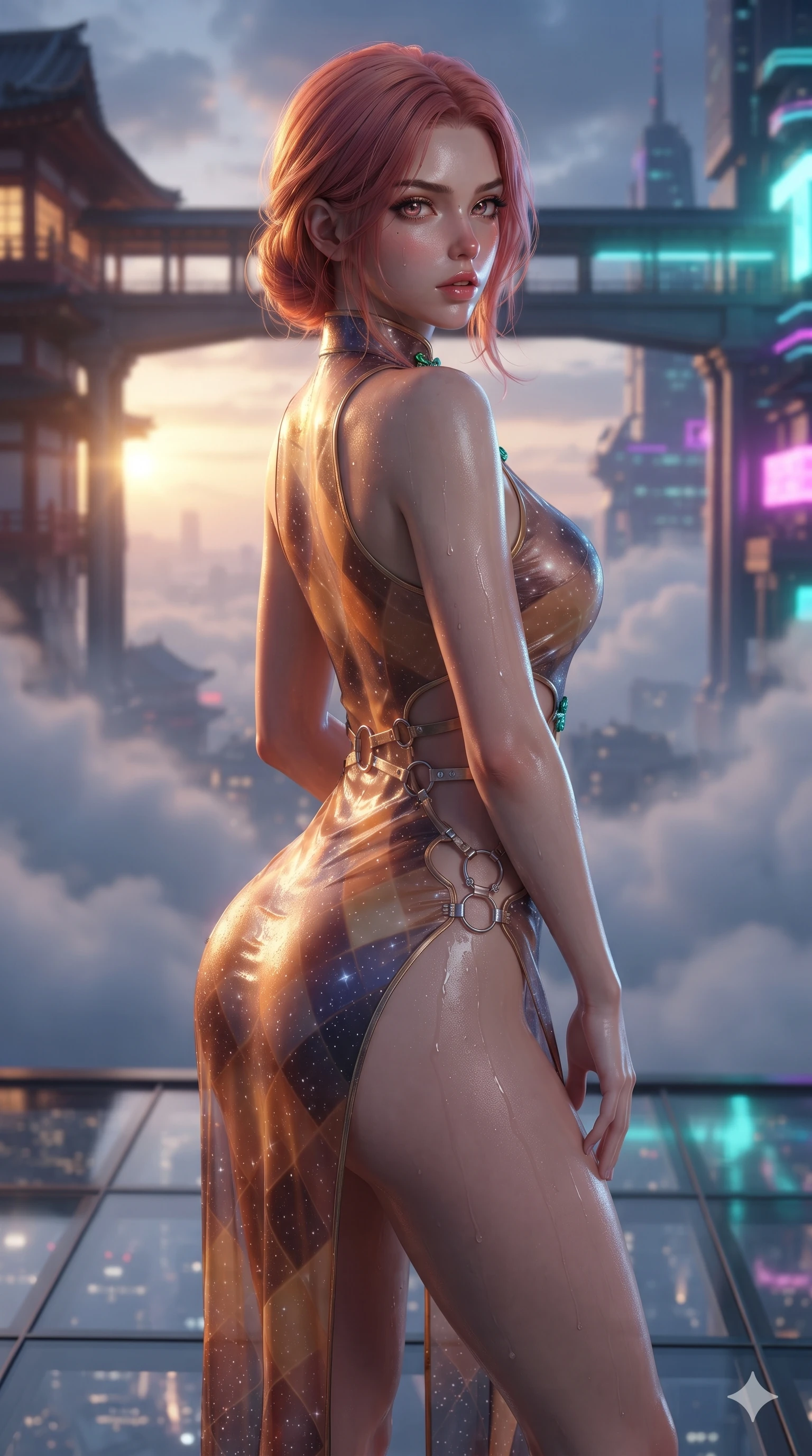 score_9, masterpiece, best quality, ultra-detailed, high-budget anime keyframe, editorial fashion photography, tasteful artistic composition, Japanese woman. close-up cowboy shot from the waist and thighs up, the character dominates the composition, filling the frame with her large presence. posing in an alluring rear three-quarter angle, looking over a bare shoulder with parted glossy lips, her hips cocked back to highlight her slim hourglass curve while twisting her slender torso in an alluring contrapposto stance, shimmering city light reflections tracing her narrow waist and curvy hips through the transparent floor. The background shows a soft-focus high-altitude evening clouds softened in dual-era skybridge promenade shallow focus. She has an exceptionally elegant, slender, and willowy female figure with an ultra-slim waist, flat toned midriff, narrow ribcage, and sculpted feminine hips creating an alluring, slim hourglass silhouette without bulk. sharp v-shaped jawline, high-bridge nose, intricate jewel-like sparkling eyes with depth, thick eyelashes, glossy parted lips with a natural sheen, intensely captivating and seductive bedroom-eyes expression, exuding both youthful cute charm and sovereign luxury allure, flawlessly proportioned anatomical accuracy, strict slender model proportions, natural body alignment, perfectly sculpted long slender limbs, ultra-slim waistline, clean dynamic posture without body distortion. wearing a delicate semi-translucent silk yukata that clings to her wet skin and curvy hip contours in cosmic eclipse amber and starlight diamond, adorned with delicate chrome ring hardware and cutouts along her slender waist, finished with sleek jade frog closures glinting along her high collar, the glove-like clinging cut tightly following the natural contour of her hips and long slender legs with youthful 8.5-heads elegance. bathed in the dramatic dual twilight lighting: warm golden sunset rays from the classical west and cool vibrant neon from the futuristic east. ultra-reflective glossy finish, specular highlights, rich textural contrasts, high-contrast stereoscopic depth, volumetric dynamic lighting, 2k, ultra detail, master piece, 9:16 ratio