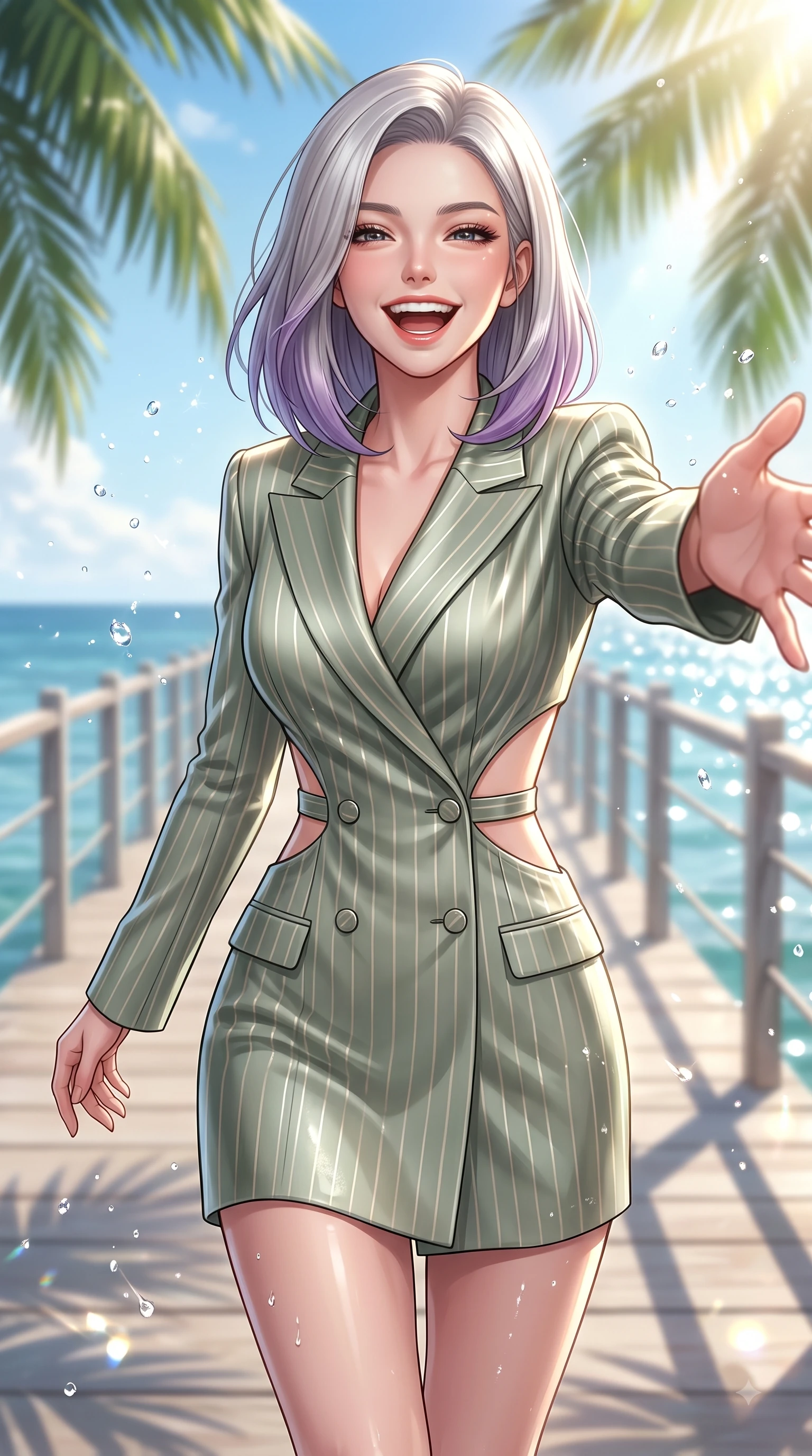 score_9, masterpiece, best quality, ultra-detailed, high-budget anime keyframe, editorial fashion photography, tasteful artistic composition, Caucasian woman. close-up cowboy shot from the waist and thighs up, the character dominates the composition, filling the frame with her large presence, background elements kept in soft focus. Joyful laughing expression filled with genuine happiness and warmth, leaning forward with cheerful energy while reaching one arm out cheerfully toward the camera while walking along a palm-shaded pier, dazzling tropical sunlight scattering sparkling water droplets around her laughing silhouette. She has an exceptionally elegant, slender, and willowy female figure with an ultra-slim waist, a gracefully sculpted slender torso, and a refined silhouette. sharp v-shaped jawline, high-bridge nose, intricate jewel-like eyes with depth, thick eyelashes, glossy lips with a natural sheen, flawlessly proportioned anatomical accuracy, natural body alignment, perfectly sculpted elegant limbs, clean dynamic posture without body distortion. wearing a double-breasted blazer dress with subtle metallic pin-stripes in sage green and oatmeal, crafted from smooth liquid silk, featuring clean architectural cutouts along her slender torso, the elegant draped fit framing her graceful clavicle and slender torso. bathed in brilliant tropical sunshine and glittering ocean water refractions. ultra-reflective glossy finish, specular highlights, metallic sheen, high-contrast stereoscopic depth, volumetric dynamic lighting, 2k, ultra detail, master piece, 9:16 ratio