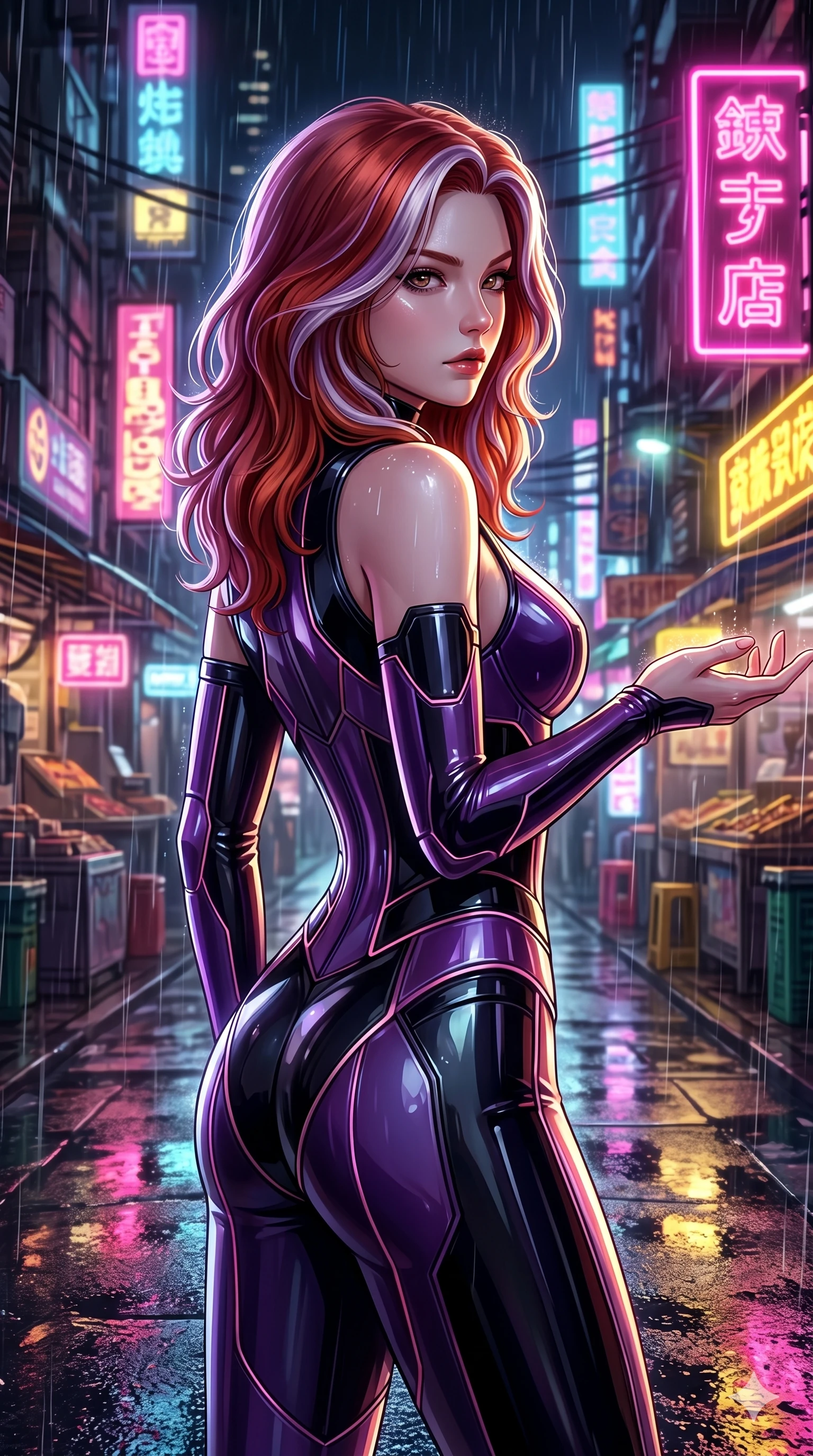 score_9, masterpiece, best quality, ultra-detailed, high-budget anime keyframe, Caucasian woman, strictly human ears. Upper body close-up from the thighs up, character filling the screen for maximum presence. She is turning around sharply in a futuristic night market, with rain reflections on wet asphalt. She reaches out a hand to catch neon-lit rain droplets with an intense, magnetic gaze. She has an absolutely perfect 8-heads proportion, a tall and elegant figure with a refined silhouette and a defined waistline. V-shaped jawline, high-bridge nose, intricate jewel-like eyes with depth, thick eyelashes, glossy lips with a natural sheen. She is wearing a structured cybernetic bodice in glossy vinyl panels, paired with detached sleeves and a refined V-neckline detailed with glowing piping. The scene is lit by bright pink and yellow neon billboards and a sharp white key light tracing her silhouette. 2k, ultra detail, master piece, 9:16 ratio