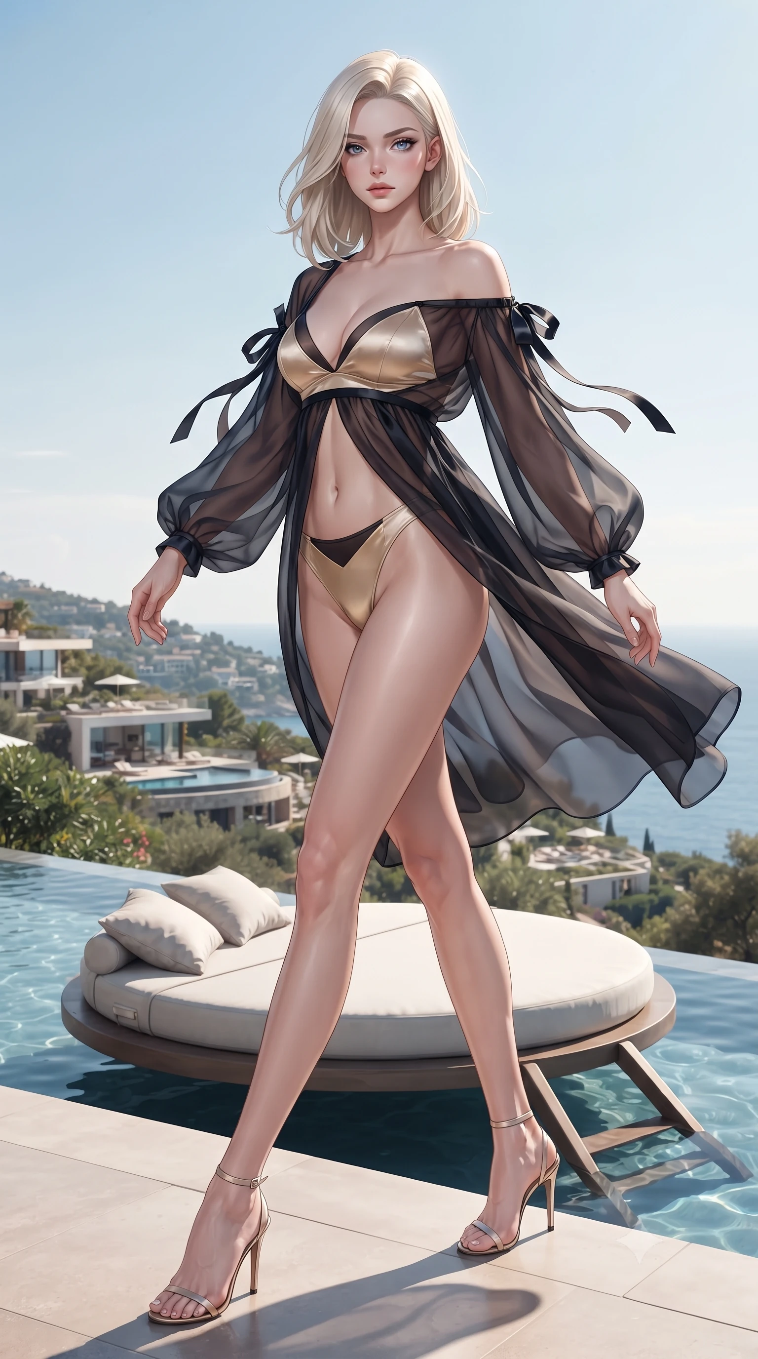 score_9, masterpiece, best quality, ultra-detailed, high-budget anime keyframe, editorial fashion photography, tasteful artistic composition, Caucasian woman. low angle full-body shot from head to toe showing her feet, filling the entire 9:16 vertical frame with her statuesque presence, stretching her vertical silhouette. stepping forward in a confident stride, her long slender legs and curvaceous hips creating a dynamic, sweeping vertical line while lounging on the circular floating daybed with legs extended, displaying her long slender limbs and statuesque hourglass silhouette. The surrounding environment is rendered in vivid detail and crisp panoramic clarity: detailed sheer organza boudoir peignoir drape, satin bralette cling, and hillside engineering in razor-sharp precision. She has an exceptionally tall and slender model-like 8.5-heads proportion, an ultra-slim waist, a flat toned midriff, narrow delicate ribcage, and beautifully sculpted feminine hips creating a graceful, slim hourglass silhouette without any bulky heaviness, with impossibly long slender legs. sharp v-shaped jawline, high-bridge nose, intricate jewel-like sparkling eyes with depth, thick eyelashes, glossy parted lips with a natural peach sheen, bright cheerful beaming smile with an enchanting and coquettish sensual glint, exuding both youthful cute charm and seductive allure, flawlessly proportioned anatomical accuracy, strict slender model proportions, natural body alignment, perfectly sculpted long slender limbs, ultra-slim waistline, clean dynamic posture without body distortion. wearing a flowing gossamer silk organza boudoir peignoir slipping off one shoulder over a form-fitting satin bralette in midnight noir obsidian black and pure champagne gold, made of fluid liquid jersey with seamless sculpting hold and smooth contours, finished with satin ribbon ties at the shoulders fluttering in the gentle breeze, the form-contouring silhouette accentuating her sculpted flat midriff, narrow delicate ribcage, and gracefully curvy hips with intoxicating allure. illuminated by pool surface caustics bounce and sharp platinum-cyan rim lights defining her jawline, flat midriff, and feminine hips. ultra-reflective glossy finish, specular highlights, rich textural contrasts, high-contrast stereoscopic depth, volumetric dynamic lighting, 2k, ultra detail, master piece, 9:16 ratio