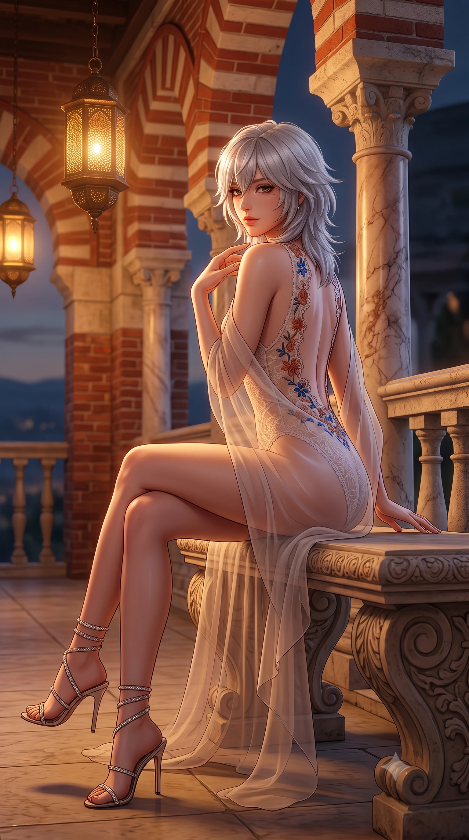 score_9, masterpiece, best quality, ultra-detailed, high-budget anime keyframe, semi-realistic 3D game render, editorial fashion photography, tasteful artistic composition, Japanese woman. low angle full-body shot from head to toe showing her feet, filling the entire 9:16 vertical frame with her statuesque presence, stretching her vertical silhouette. walking along the terrace with poise, looking back over her bare shoulder with an irresistible smoldering bedroom-gaze while sitting gracefully on the carved stone bench with legs crossed, running one manicured hand slowly down her collarbone with magnetic allure. The surrounding environment is rendered in vivid detail and crisp panoramic clarity: sharp red brick and white stone alternating voussoirs, polished Roman marble pillar veining, and perforated bronze lamp metalwork in deep focus. She has an exceptionally tall and slender model-like 8.5-heads proportion, an ultra-slim waist, a flat toned midriff, narrow delicate ribcage, and beautifully sculpted feminine hips creating a graceful, slim hourglass silhouette without any bulky heaviness, with impossibly long slender legs. sharp v-shaped jawline, high-bridge nose, intricate jewel-like sparkling eyes with depth, thick eyelashes, glossy parted lips with a natural peach sheen, bright cheerful beaming smile with an enchanting and coquettish sensual glint, exuding both youthful cute charm and seductive allure, flawlessly proportioned anatomical accuracy, strict slender model proportions, natural body alignment, perfectly sculpted long slender limbs, ultra-slim waistline, clean dynamic posture without body distortion. wearing an alluring backless sheer lace leotard with high-cut leg openings and delicate floral embroidery framing her spine in Andalusian Alhambra azulejo cobalt and warm terracotta copper, made of sheer gossamer chiffon that drapes softly against skin with airy translucence, complemented by strappy stiletto sandals with crystal ankle wraps accentuating her slender calves, the second-skin tailored fabric adhering flawlessly to her sculpted flat midriff and slender torso, emphasizing her long leg lines and perfectly proportioned willowy build. bathed in the warm mystical 2300K amber glow of hanging bronze lantern lamps dimmed to an evening ceremony ambiance. highly saturated vibrant anime colors, detailed shading with soft gradients, rich glossy textures, high-contrast stereoscopic depth, volumetric dynamic lighting, master piece, 9:16 ratio