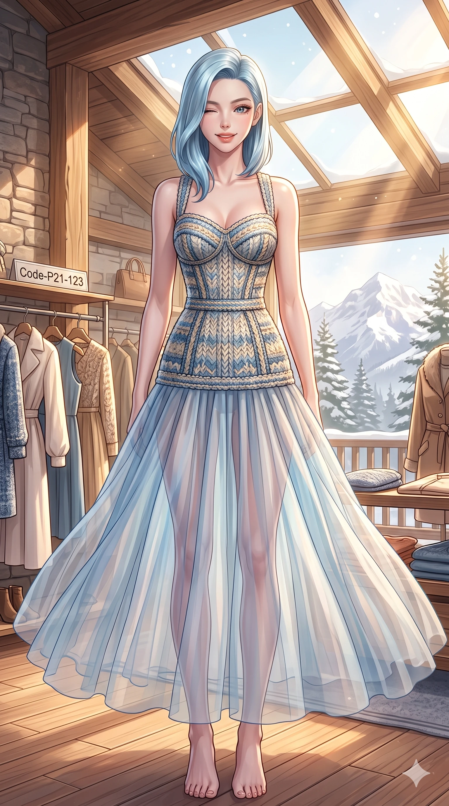 score_9, masterpiece, best quality, ultra-detailed, high-budget anime keyframe, vibrant anime aesthetic, Korean woman. cowboy shot from the thighs up, character and outfit filling the frame for maximum presence. She is standing on a chalet deck, winking with a playful, smiling face in the winter sunbeams standing in a high-fashion boutique under winter skylight (Code-P21-123). She has an absolutely perfect 8-heads proportion, an exceptionally tall and slender female figure with impossibly long slender legs and an ultra-slim waist. V-shaped jawline, high-bridge nose, intricate jewel-like eyes with depth, thick eyelashes, glossy lips with a natural sheen. wearing a resort dress featuring a patterned textured knit-inspired structured bodice and a translucent chiffon skirt in winter. She is bathed in soft, radiant golden hour sun casting long, elegant shadows around her. 2k, ultra detail, master piece, 9:16 ratio