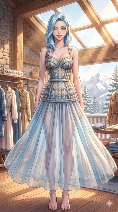 score_9, masterpiece, best quality, ultra-detailed, high-budget anime keyframe, vibrant anime aesthetic, Korean woman. cowboy shot from the thighs up, character and outfit filling the frame for maximum presence. She is standing on a chalet deck, wink