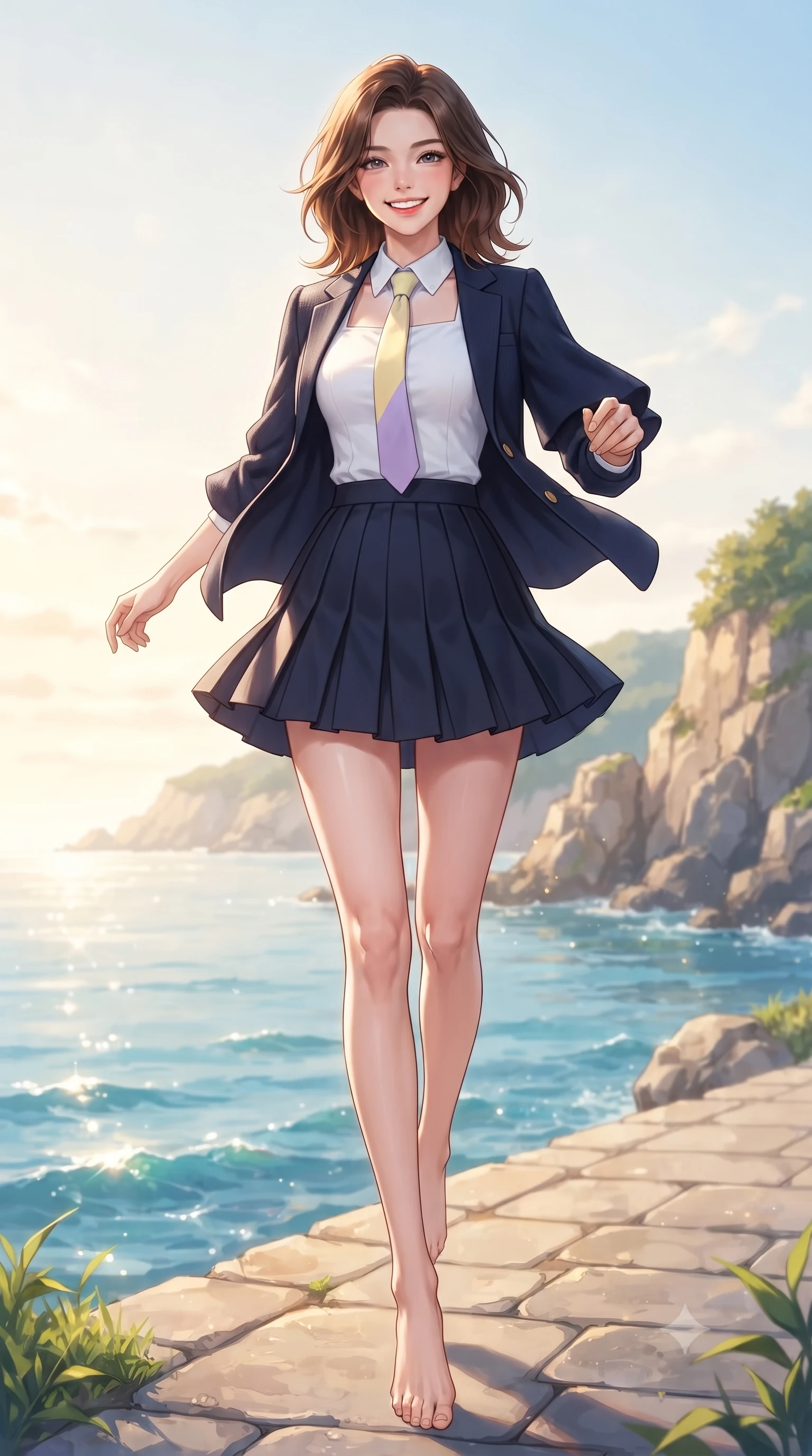 score_9, masterpiece, best quality, ultra-detailed, high-budget anime keyframe, editorial fashion photography, tasteful artistic composition, Korean woman. low angle full-body shot from head to toe showing her feet, filling the entire 9:16 vertical frame with her statuesque presence, stretching her vertical silhouette. leaping with pure youthful energy through the scene with a radiant bright smile, her long slender legs balanced gracefully while taking a stroll along a quiet island seaside path as golden sunlight illuminates her fresh beauty. The surrounding environment is rendered in vivid detail and crisp panoramic clarity. glistening ocean water refractions and scenic coastal cliffs captured in sharp environmental detail. She has an absolutely perfect, statuesque 8.5-heads proportion, an exceptionally tall and slender model-like female figure with impossibly long slender legs and an ultra-slim waist. sharp v-shaped jawline, high-bridge nose, intricate jewel-like eyes with depth, thick eyelashes, glossy lips with a natural sheen, flawlessly proportioned anatomical accuracy, natural body alignment, perfectly sculpted elegant limbs, clean dynamic posture without body distortion. wearing a preppy academy blazer over a crisp collared shirt, navy pleated skirt, and a slim necktie in soft lemon yellow and lavender violet, knitted from soft cozy cashmere yarn, featuring elegant flutter sleeves and a graceful square neckline, the tailored casual silhouette highlighting her fresh and youthful presence. surrounded by a fresh, sun-drenched, and relaxing vacation atmosphere. ultra-reflective glossy finish, specular highlights, metallic sheen, high-contrast stereoscopic depth, volumetric dynamic lighting, 2k, ultra detail, master piece, 9:16 ratio