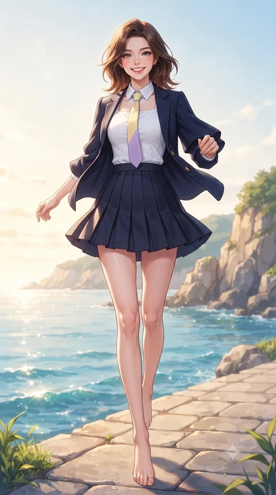 score_9, masterpiece, best quality, ultra-detailed, high-budget anime keyframe, editorial fashion photography, tasteful artistic composition, Korean woman. low angle full-body shot from head to toe showing her feet, filling the entire 9:16 vertical f