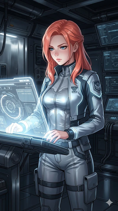 score_9, masterpiece, best quality, ultra-detailed, high-budget anime keyframe, Japanese woman. Upper body close-up from the thighs up, character filling the screen for maximum presence. Inside a space station communication room, receiving a message,