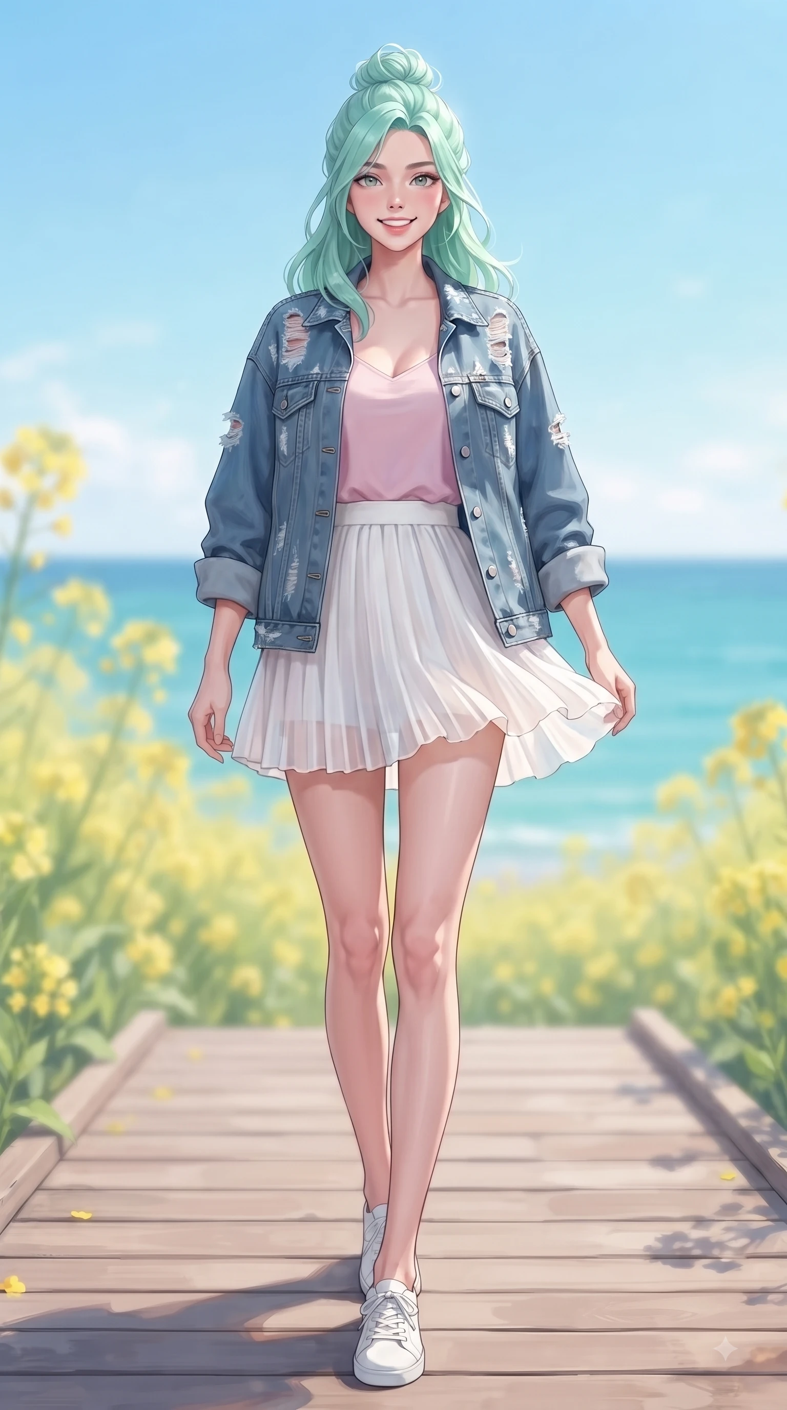 score_9, masterpiece, best quality, ultra-detailed, high-budget anime keyframe, editorial fashion photography, tasteful artistic composition, Japanese woman. low angle full-body shot from head to toe showing her feet, filling the entire 9:16 vertical frame with her statuesque presence, stretching her vertical silhouette. walking forward in a proud dynamic stride with a cheerful beaming smile, her vertical silhouette filling the frame while walking cheerfully along a coastal wooden boardwalk overlooking a turquoise ocean under a bright blue sky. The composition keeps background elements in soft focus with dreamy bokeh. yellow canola fields and clear coastal blue skies softened with a gentle dreamy background blur. She has an absolutely perfect, statuesque 8.5-heads proportion, an exceptionally tall and slender model-like female figure with impossibly long slender legs and an ultra-slim waist. sharp v-shaped jawline, high-bridge nose, intricate jewel-like eyes with depth, thick eyelashes, glossy lips with a natural sheen, flawlessly proportioned anatomical accuracy, natural body alignment, perfectly sculpted elegant limbs, clean dynamic posture without body distortion. wearing a trendy oversized denim jacket over a soft pastel pink camisole and white pleated mini skirt in ocean turquoise and sea-salt white, made of fine lightweight chiffon that flutters gently in the breeze, finished with neat front wooden buttons and pocket details, the breezy lightweight fabric fluttering softly against her delicate frame. surrounded by a fresh, sun-drenched, and relaxing vacation atmosphere. ultra-reflective glossy finish, specular highlights, metallic sheen, high-contrast stereoscopic depth, volumetric dynamic lighting, 2k, ultra detail, master piece, 9:16 ratio
