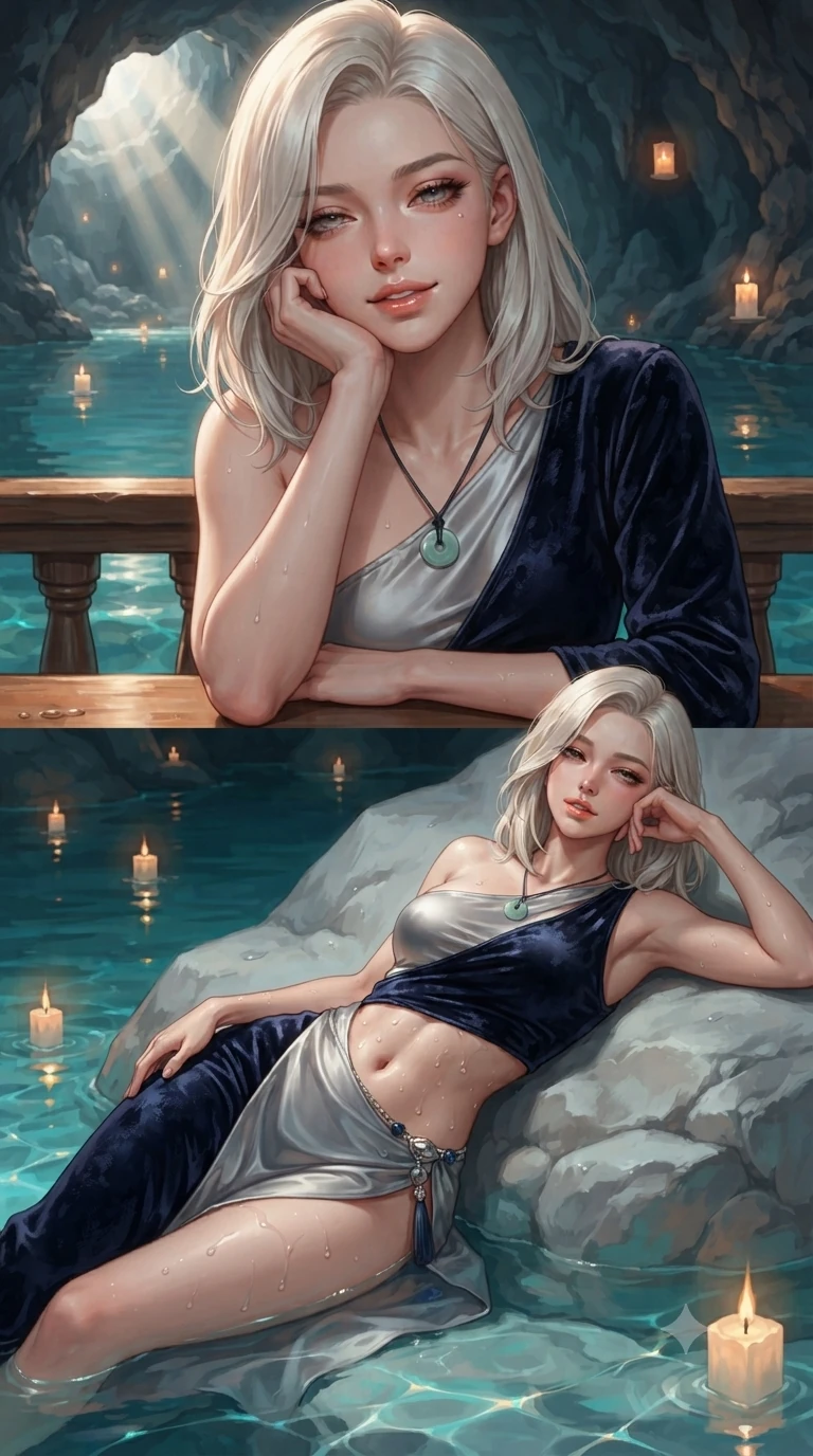 score_9, masterpiece, best quality, ultra-detailed, high-budget anime keyframe, editorial fashion photography, tasteful artistic composition, Caucasian woman. close-up cowboy shot from the waist and thighs up, the character dominates the composition, filling the frame with her large presence. resting one elbow on the lacquered balustrade and supporting her chin, leaning close to the camera with heavy-lidded sparkling eyes and parted lips while lounging back against the smooth limestone rock propped on both elbows, water droplets glistening across her flat midriff and curvy hips. The surrounding environment is rendered in vivid detail and crisp panoramic clarity: sharp stalactite stone ridges, clear turquoise water surface refraction, and candle flame reflections in deep focus. She has an exceptionally elegant, slender, and willowy female figure with an ultra-slim waist, flat toned midriff, narrow ribcage, and sculpted feminine hips creating an alluring, slim hourglass silhouette without bulk. sharp v-shaped jawline, high-bridge nose, sparkling eyes with hypnotic seductive depth, thick curled eyelashes, glossy parted lips with a natural dewy peach sheen, alluring bedroom-eyes with an enchanting coquettish smile, exuding magnetic siren charisma and sophisticated glamour, flawlessly proportioned anatomical accuracy, strict slender model proportions, natural body alignment, perfectly sculpted long slender limbs, ultra-slim waistline, clean dynamic posture without body distortion. wearing an asymmetric one-shoulder liquid mercury silk dress with a dramatic hip-high wrap slit and norigae waist charm in metallic liquid silver and deep sapphire navy, tailored from crushed dark velvet with deep light-absorbing plush texture, finished with a minimalist celadon porcelain pendant on a fine silk cord, the form-contouring silhouette accentuating her sculpted flat midriff, narrow delicate ribcage, and gracefully curvy hips with intoxicating allure. bathed in magical horizontal moonbeams penetrating through the cavern mouth meeting warm floating candle lantern glows. ultra-reflective glossy finish, specular highlights, rich textural contrasts, high-contrast stereoscopic depth, volumetric dynamic lighting, 2k, ultra detail, master piece, 9:16 ratio