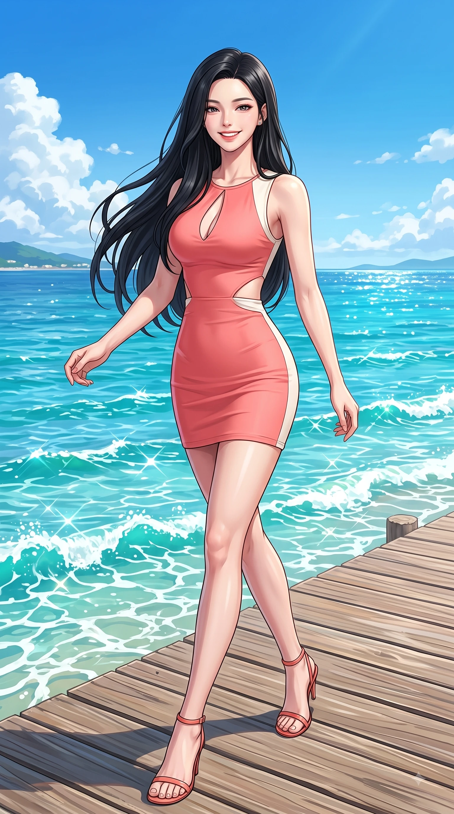 score_9, masterpiece, best quality, ultra-detailed, high-budget anime keyframe, editorial fashion photography, tasteful artistic composition, Korean woman. low angle full-body shot from head to toe showing her feet, filling the entire 9:16 vertical frame with her statuesque presence, stretching her vertical silhouette. performing a cheerful mid-motion turn with flawless poise, her radiant smile capturing fresh girlhood energy while walking cheerfully along a seaside wooden boardwalk overlooking a turquoise ocean. The surrounding environment is rendered in vivid detail and crisp panoramic clarity. vibrant sea foam crests, wooden boardwalk planks, and crisp blue sky captured in high clarity. She has an absolutely perfect, statuesque 8.5-heads proportion, an exceptionally tall and slender model-like female figure with impossibly long slender legs and an ultra-slim waist. sharp v-shaped jawline, high-bridge nose, intricate jewel-like eyes with depth, thick eyelashes, glossy lips with a natural sheen, flawlessly proportioned anatomical accuracy, natural body alignment, perfectly sculpted elegant limbs, clean dynamic posture without body distortion. wearing a form-contouring bodycon dress featuring subtle strategic side waist cutouts in vibrant coral pink and pure ivory, made of premium stretch jersey that follows her curves like a glove, accented with a Tasteful chest slit framing her clavicle gracefully, the sleek second-skin texture accentuating her magnetic presence. bathed in bright tropical sunshine and glittering ocean water refractions. highly saturated vibrant anime colors, detailed shading with soft gradients, rich glossy textures, high-contrast stereoscopic depth, volumetric dynamic lighting, master piece, 9:16 ratio