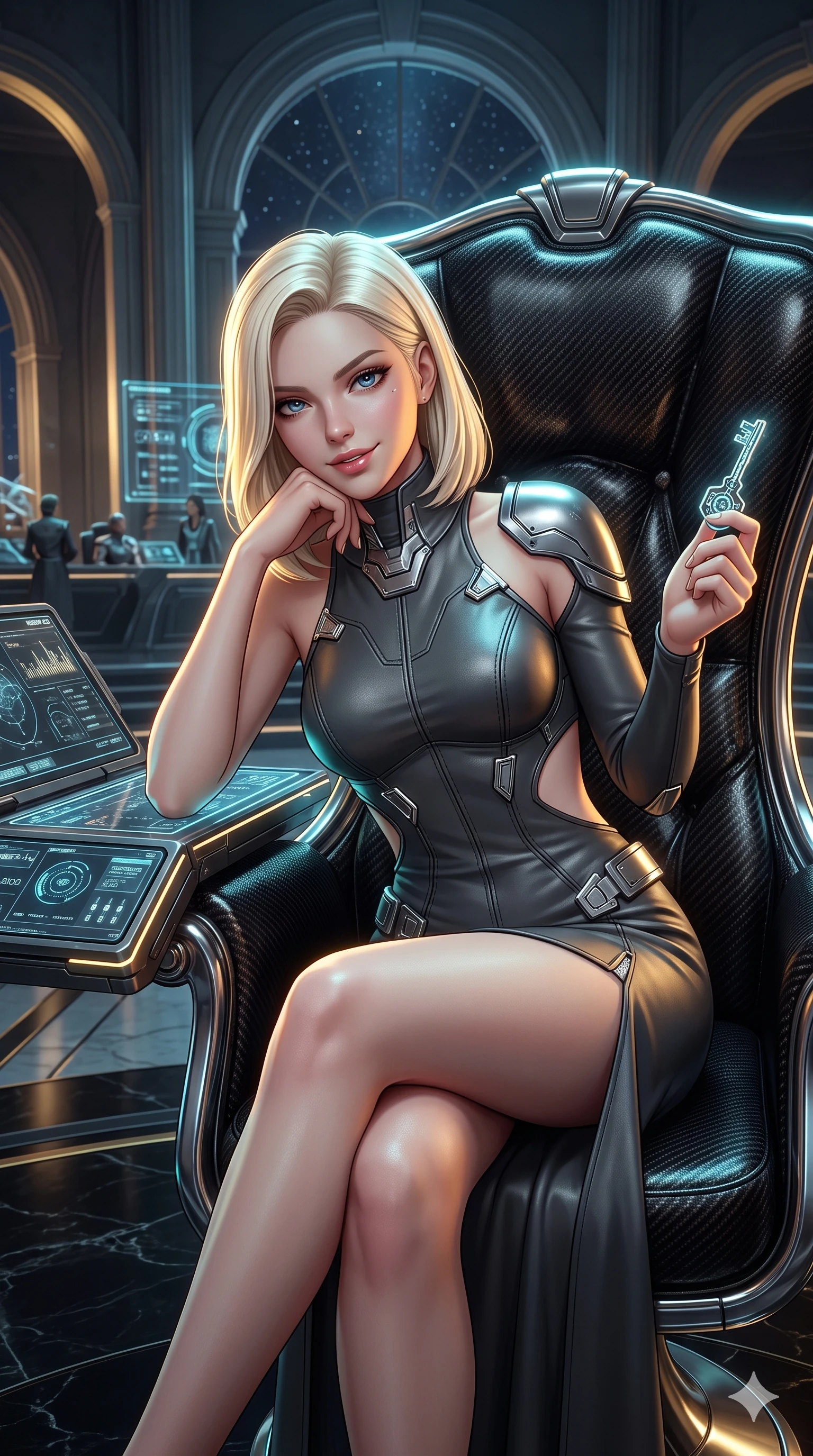 score_9, masterpiece, best quality, ultra-detailed, high-budget anime keyframe, semi-realistic 3D game render, editorial fashion photography, tasteful artistic composition, Caucasian woman. close-up cowboy shot from the waist and thighs up, the character dominates the composition, filling the frame with her large presence. resting one elbow on the diagnostic terminal and supporting her chin, leaning close to the camera with parted glossy lips and sparkling eyes while lounging in the high council chair with legs crossed, holding a glowing cryptographic key while flashing a subtle, dangerous smile with parted glossy lips. The surrounding environment is rendered in vivid detail and crisp panoramic clarity: detailed diplomatic catsuit tailoring, polished carbon-weave paneling, and monumental neoclassical sci-fi architecture in razor-sharp precision. She has an exceptionally elegant, slender, and willowy female figure with an ultra-slim waist, flat toned midriff, narrow ribcage, and sculpted feminine hips creating an alluring, slim hourglass silhouette without bulk. sharp v-shaped jawline, high-bridge nose, intricate jewel-like sparkling eyes with depth, thick eyelashes, glossy parted lips with a natural sheen, bright confident smile with an enchanting and coquettish sensual glint, exuding both youthful magnetic charm and sovereign high-tech allure, flawlessly proportioned anatomical accuracy, strict slender model proportions, natural body alignment, perfectly sculpted long slender limbs, ultra-slim waistline, clean dynamic posture without body distortion. wearing a provocative open-waist cutout tactical mini dress framed by sculptural chrome hardware and thigh-high slit in charcoal grey and polished chrome, woven from buttery-soft stretch lambskin leather adhering to her body like a second skin, finished with polished chrome buckle hardware and modular magnetic holster clasps, the bespoke structured tailoring following the natural line of her 8.5-heads silhouette with refined elegance. illuminated by polished black stone dais bounce and sharp gold-cyan rim lights sculpting her razor-sharp jawline, narrow waist, and curvy hips. highly saturated vibrant anime colors, detailed shading with soft gradients, rich glossy textures, high-contrast stereoscopic depth, volumetric dynamic lighting, master piece, 9:16 ratio