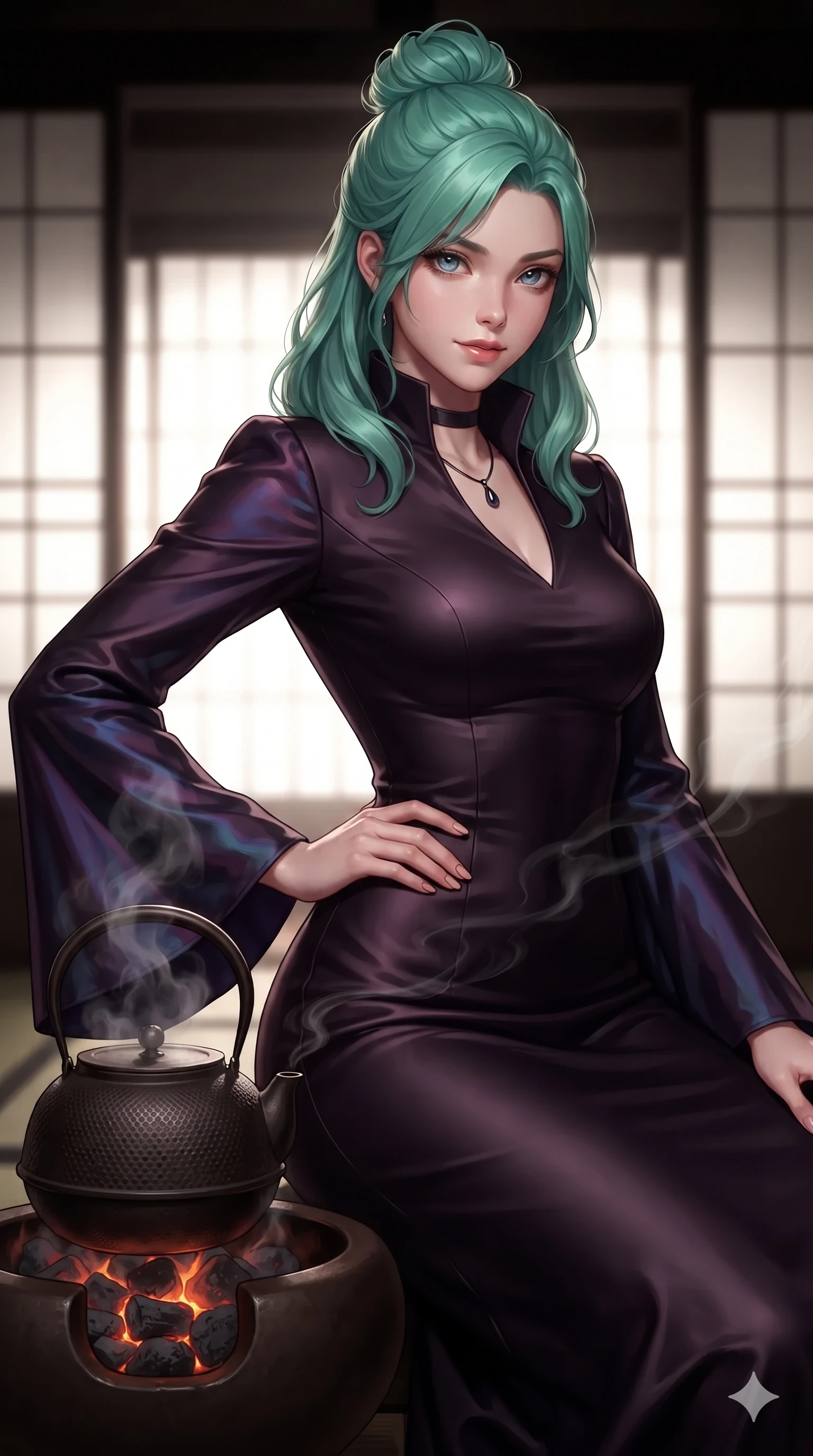score_9, masterpiece, best quality, ultra-detailed, high-budget anime keyframe, editorial fashion photography, tasteful artistic composition, Japanese woman. close-up cowboy shot from the waist and thighs up, the character dominates the composition, filling the frame with her large presence. holding a confident power pose with one hand on her hip, looking into the lens with smoldering intensity while twisting her slender torso in an alluring S-curve beside the steaming cast-iron tetsubin kettle, fragrant black incense smoke drifting past her curves. The background shows a soft-focus exclusive Kyoto dark tea pavilion softened in intimate sanctuary shallow focus. She has an exceptionally elegant, slender, and willowy female figure with an ultra-slim waist, flat toned midriff, narrow ribcage, and sculpted feminine hips creating an alluring, slim hourglass silhouette without bulk. sharp v-shaped jawline, high-bridge nose, intricate jewel-like dark sparkling eyes with hypnotic seductive depth, thick curled eyelashes, glossy parted lips with a natural wine sheen, alluring bedroom-eyes with an enigmatic smoldering smile, exuding magnetic sovereign charisma and dark avant-garde glamour, flawlessly proportioned anatomical accuracy, strict slender model proportions, natural body alignment, perfectly sculpted long slender limbs, ultra-slim waistline, clean dynamic posture without body distortion. wearing a gothic high-collar dark plum silk evening gown with long bell sleeves in iridescent dark violet taffeta and midnight indigo, tailored from soft dark satin with subtle light-absorbing depth, finished with a minimalist dark choker and a single teardrop pendant, accentuating her gracefully sculpted slender torso and statuesque proportions. bathed in soft diffuse light filtering through black paper shoji screens and glowing charcoal brazier embers. ultra-reflective glossy finish, specular highlights, metallic sheen, high-contrast stereoscopic depth, volumetric dynamic lighting, 2k, ultra detail, master piece, 9:16 ratio