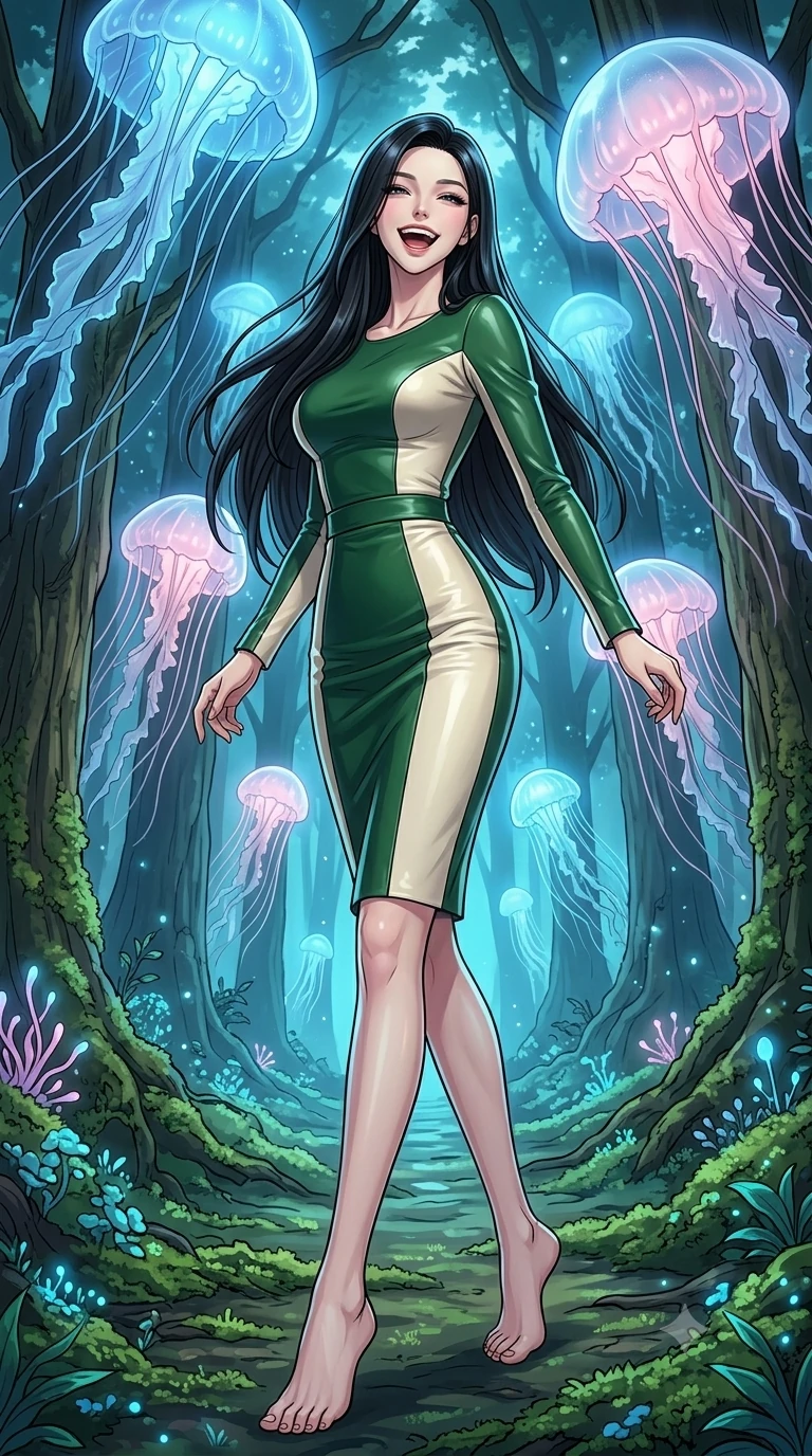 score_9, masterpiece, best quality, ultra-detailed, high-budget anime keyframe, editorial fashion photography, tasteful artistic composition, gorgeous anime illustration, with clean line-art, distinct ink outlines, and high-contrast stereoscopic depth, Korean woman. low angle full-body shot from head to toe showing her feet, filling the entire 9:16 vertical frame with her statuesque presence, stretching her vertical silhouette. twirling with a bright, delighted laugh inside walking along a forest path under a canopy of giant floating jellyfish-like creatures that drift between trees, emitting soft pink and blue light. She has a statuesque 8.5-heads proportion, an exceptionally tall, slender and willowy model-like build with impossibly long legs and a highly sculpted ultra-slim waist. sharp v-shaped jawline, high-bridge nose, intricate jewel-like eyes with depth, thick eyelashes, glossy lips with a natural sheen. wearing a fitted pencil dress in color-blocked forest green and cream leather, contouring her athletic, slender build. cool blue and soft pink light from the floating creatures wrapping the forest path in a magical bioluminescent glow. 2k, ultra detail, master piece, 9:16 ratio, highly saturated vibrant anime colors, detailed cel-shading with soft gradients, rich glossy textures, deep contrast, volumetric dynamic lighting, 2d animation style