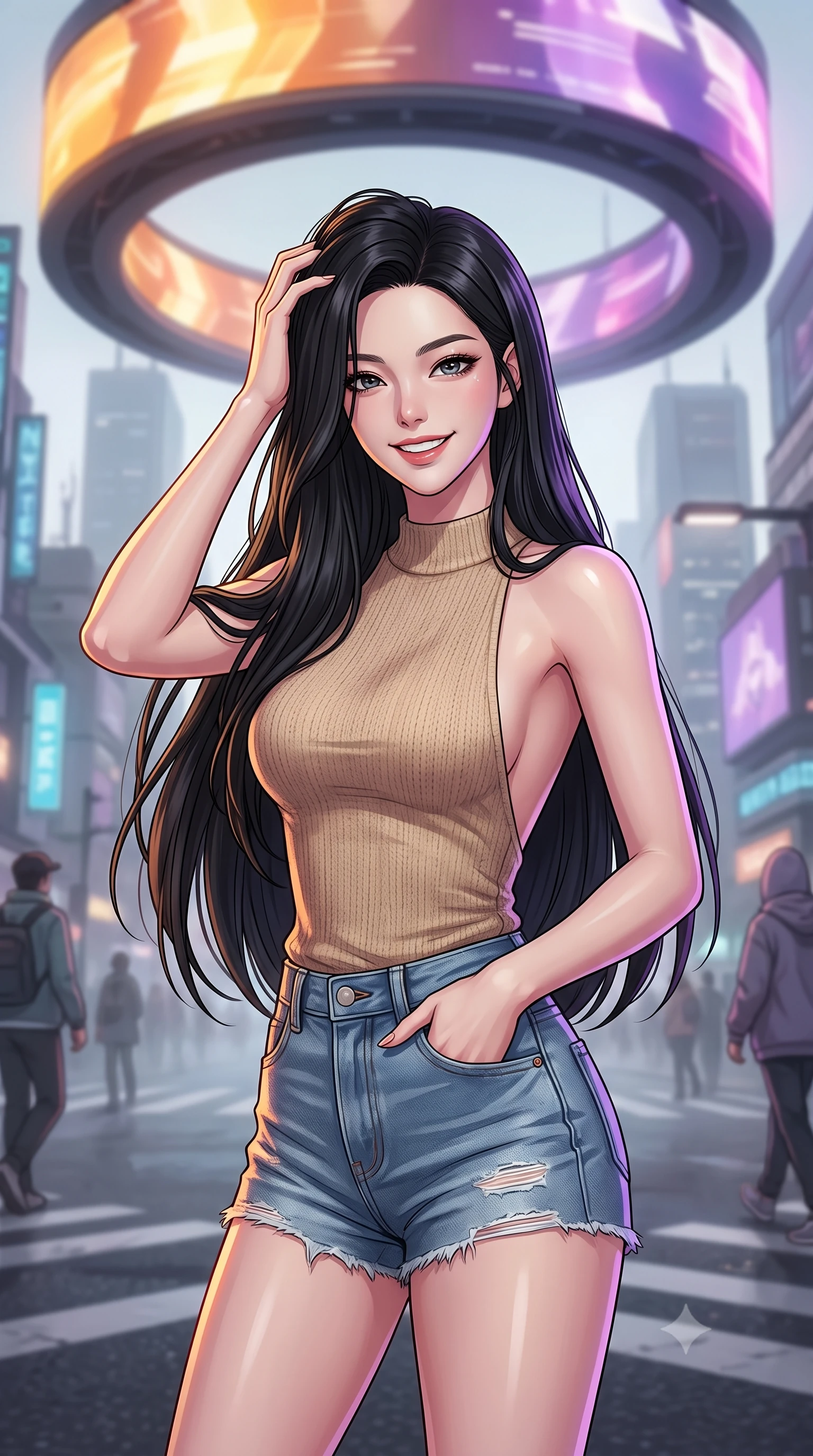 score_9, masterpiece, best quality, ultra-detailed, high-budget anime keyframe, tasteful artistic composition, Korean woman. close-up cowboy shot from the waist and thighs up, the character dominates the composition, filling the frame with her large presence, background elements kept in soft focus. smiling with quiet, magnetic self-assurance directly into the camera, running a hand through her hair the background shows a soft-focus a misty street intersection under a massive spinning hologram ring billboard. She has an exceptionally elegant, slender, and willowy female figure with an ultra-slim waist, a gracefully sculpted slender torso, and a refined silhouette. sharp v-shaped jawline, high-bridge nose, intricate jewel-like eyes with depth, thick eyelashes, glossy lips with a natural sheen. wearing a slim-fit backless knit top in beige wool, paired with high-waisted denim shorts. rotating warm amber and cool purple lighting creating a dynamic color wash. highly saturated vibrant anime colors, cel-shading, 2d style, master piece, 9:16 ratio