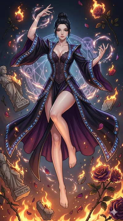 score_9, masterpiece, best quality, ultra-detailed, Set A: High-budget Anime Keyframe, Japanese woman. Low angle cowboy shot filling the entire 9:16 frame with her statuesque presence. Floating through a burning rose garden, as gravity fails and ever