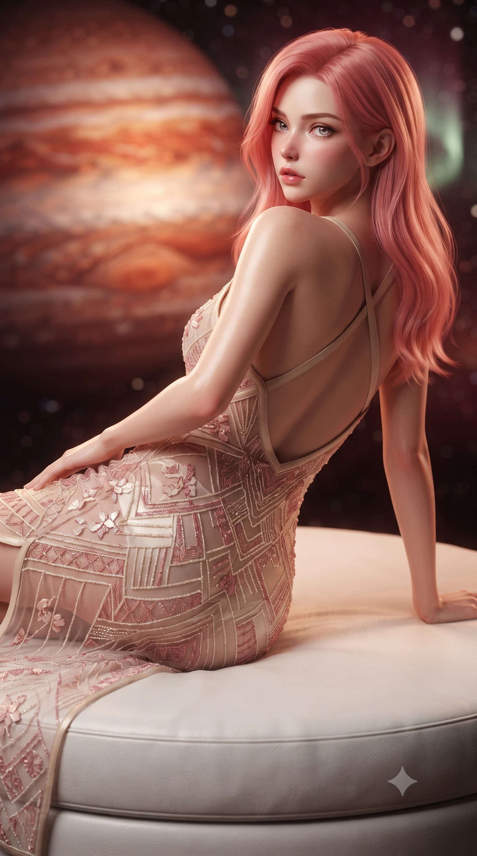 score_9, masterpiece, best quality, ultra-detailed, high-budget anime keyframe, editorial fashion photography, tasteful artistic composition, Japanese woman. close-up cowboy shot from the waist and thighs up, the character dominates the composition, filling the frame with her large presence. posing in an alluring rear three-quarter angle, arching her lower back in a pronounced S-curve with one hand on her hip, glancing seductively over her bare shoulder with parted glossy lips while reclining languidly on a circular white leather daybed with one knee bent, cosmic radiation auroras and planetary storm-glow tracing her feminine hips and flat midriff. The composition keeps background elements in soft focus with creamy bokeh. swirling crimson and amber cloud bands of Jupiter and shimmering polar auroras blurred into deep ruby, copper, and starlight bokeh. She has an exceptionally elegant, slender, and willowy female figure with an ultra-slim waist, flat toned midriff, narrow ribcage, and sculpted feminine hips creating an alluring, slim hourglass silhouette without bulk. sharp v-shaped jawline, high-bridge nose, intricate jewel-like eyes with depth, thick eyelashes, glossy parted lips with a natural sheen, intensely captivating and seductive bedroom-eyes expression, flawlessly proportioned anatomical accuracy, strict slender model proportions, natural body alignment, perfectly sculpted long slender limbs, ultra-slim waistline, clean dynamic posture without body distortion. wearing a sheer vintage mesh flapper dress adorned with intricate geometric beadwork over an opaque silk slip in sakura blossom pink and warm ivory, formed from supple second-skin lambskin leather with specular sheen, finished with criss-cross back satin straps highlighting her graceful shoulder blades, the precision-cut side openings and low-back scoop framing her graceful spine and the sensual sweep of her slim, toned hips. illuminated by crisp directional star shine sharply defining her sculpted collarbones, ultra-slim waist, and curvy hips. ultra-reflective glossy finish, specular highlights, rich textural contrasts, high-contrast stereoscopic depth, volumetric dynamic lighting, 2k, ultra detail, master piece, 9:16 ratio