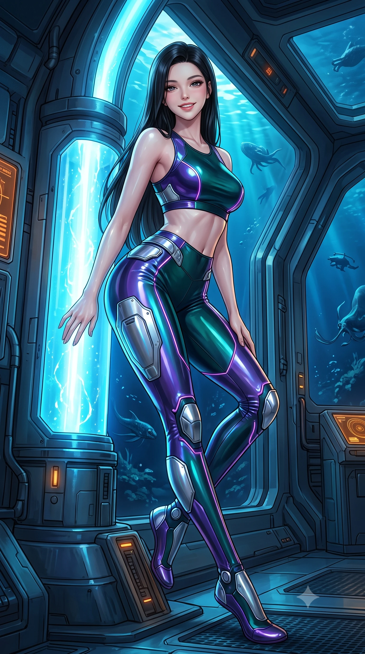 score_9, masterpiece, best quality, ultra-detailed, high-budget anime keyframe, semi-realistic 3D game render, editorial fashion photography, tasteful artistic composition, Korean woman. low angle full-body shot from head to toe showing her feet, filling the entire 9:16 vertical frame with her statuesque presence, stretching her vertical silhouette. leaning deep against the glowing energy conduit with hips cocked back in an unapologetically alluring high-fashion stance, flashing a warm beaming smile while leaning against the reinforced titanium viewing bulkhead with hips cocked back, casting an alluring bedroom-gaze through dark ocean currents. The surrounding environment is rendered in vivid detail and crisp panoramic clarity: detailed compression suit sheen, water caustic reflections on skin, and deep-sea habitat architecture in razor-sharp precision. She has an absolutely perfect, statuesque 8.5-heads proportion, an exceptionally tall and slender model-like female figure with impossibly long slender legs, an ultra-slim waist, a flat toned midriff, narrow delicate ribcage, and beautifully sculpted feminine hips creating a graceful, slim hourglass silhouette without any bulky heaviness. sharp v-shaped jawline, high-bridge nose, intricate jewel-like sparkling eyes with depth, thick eyelashes, glossy parted lips with a natural sheen, bright confident smile with an enchanting and coquettish sensual glint, exuding both youthful magnetic charm and sovereign high-tech allure, flawlessly proportioned anatomical accuracy, strict slender model proportions, natural body alignment, perfectly sculpted long slender limbs, ultra-slim waistline, clean dynamic posture without body distortion. wearing a tactical racerback athletic crop top paired with skin-tight high-waisted holographic combat leggings in dark emerald teal and ultraviolet glow lines, tailored from ultra-reflective glossy liquid vinyl with mirror-like specular highlights, accented with strategically placed chrome armor plate guards covering key curves, the high-waisted tailoring accentuating her ultra-slim waistline and the enchanting curve of her feminine hips with alluring dark charm. bathed in eerie deep-sea sapphire bioluminescence and warm interior instrument glow. highly saturated vibrant anime colors, detailed shading with soft gradients, rich glossy textures, high-contrast stereoscopic depth, volumetric dynamic lighting, master piece, 9:16 ratio