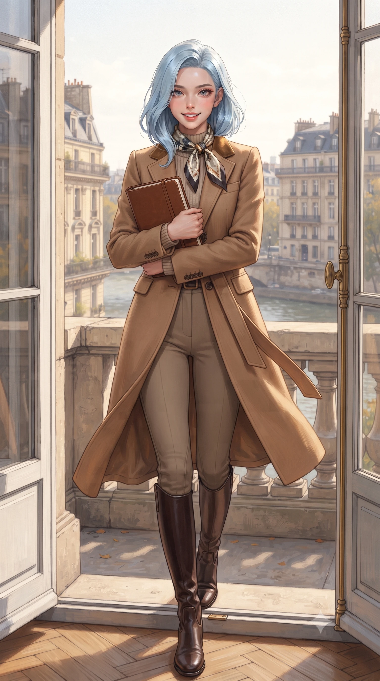 score_9, masterpiece, best quality, ultra-detailed, high-budget anime keyframe, editorial fashion photography, tasteful artistic composition, Korean woman. close-up cowboy shot from the waist and thighs up, the character dominates the composition, filling the frame with her large presence. holding a leather notebook close to her chest with both arms, smiling delightfully with youthful scholarly grace while stepping out through tall French double doors onto the stone balcony ledge, her belted cashmere coat catching the brisk autumn breeze. The surrounding environment is rendered in vivid detail and crisp panoramic clarity: detailed ribbed merino knit sweater collar, tailored wide-leg trousers, and Haussmann architectural craft in high resolution. She has an exceptionally elegant, slender, and willowy female figure with an ultra-slim waist, flat toned midriff, narrow ribcage, and sculpted feminine hips creating an alluring, slim hourglass silhouette without bulk. sharp v-shaped jawline, high-bridge nose, intricate jewel-like sparkling eyes with depth, thick eyelashes, glossy parted lips with a natural peach sheen, bright cheerful beaming smile with an enchanting and coquettish sensual glint, exuding both youthful cute charm and seductive allure, flawlessly proportioned anatomical accuracy, strict slender model proportions, natural body alignment, perfectly sculpted long slender limbs, ultra-slim waistline, clean dynamic posture without body distortion. wearing a tailored velvet collar wool equestrian blazer paired with slim-cut riding trousers and knee-high leather boots in Saint-Germain camel wool and warm espresso, crafted from ultra-soft Mongolian cashmere with exquisite insulating warmth and tactile softness, finished with a printed silk twilly scarf knotted gracefully around her neck, the expertly draped wool fabric falling in crisp fluid lines along her tall 8.5-heads silhouette, celebrating her slender frame without excess fabric bulk. bathed in soft, luminous early morning autumn sunlight reflecting off the Seine river surface and stone facades. ultra-reflective glossy finish, specular highlights, rich textural contrasts, high-contrast stereoscopic depth, volumetric dynamic lighting, 2k, ultra detail, master piece, 9:16 ratio