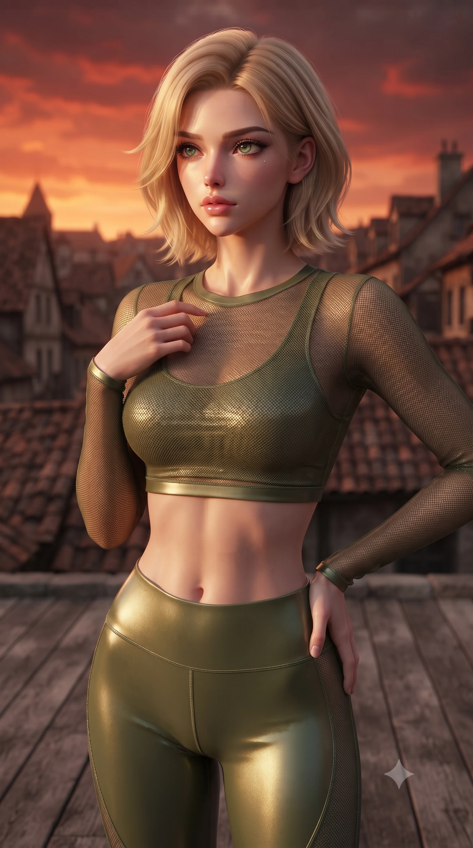 score_9, masterpiece, best quality, ultra-detailed, high-budget anime keyframe, editorial fashion photography, tasteful artistic composition, Caucasian woman woman. close-up cowboy shot from the waist and thighs up, the character dominates the composition, filling the frame with her large presence, background elements kept in soft focus. looking past the camera with a peaceful, thoughtful gaze, enjoying the warm sunlight the background shows a soft-focus a simple rooftop platform with a wooden floor, looking over the tiled roofs of the town. She has an exceptionally elegant, slender, and willowy female figure with an ultra-slim waist, a gracefully sculpted slender torso, and a refined silhouette. sharp v-shaped jawline, high-bridge nose, intricate jewel-like eyes with depth, thick eyelashes, glossy lips with a natural sheen. wearing a tailored sheer mesh long-sleeve crop top in olive green, worn over a matching sports bra and leggings. the orange and red glow of a beautiful sunset sky. ultra-reflective glossy finish, specular highlights, metallic sheen, high-contrast stereoscopic depth, volumetric dynamic lighting, 2k, ultra detail, master piece, 9:16 ratio