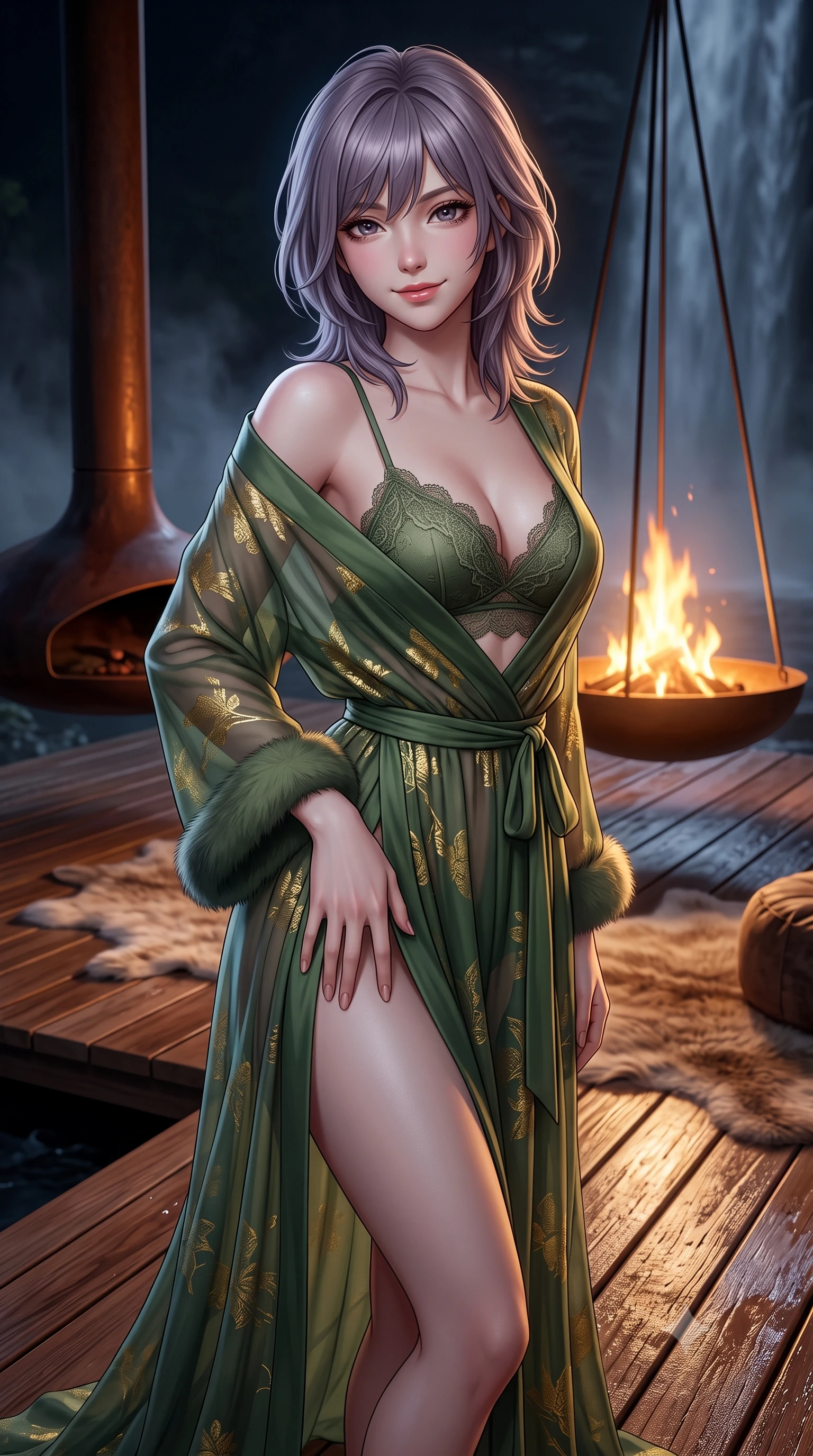 score_9, masterpiece, best quality, ultra-detailed, high-budget anime keyframe, semi-realistic 3D game render, editorial fashion photography, tasteful artistic composition, Japanese woman. close-up cowboy shot from the waist and thighs up, the character dominates the composition, filling the frame with her large presence. tilting her head with a teasing half-smile, running one hand slowly down the side of her hip in a flirtatious S-curve as ambient light caresses her silhouette while standing poised on the cantilevered teak platform as midnight waterfall mist drifts around her silhouette, arching her spine with sovereign seductive grace. The surrounding environment is rendered in vivid detail and crisp panoramic clarity: sharp teak boardwalk grain, oxidized steel fireplace curves, and plush natural hide hair textures in deep focus. She has an exceptionally elegant, slender, and willowy female figure with an ultra-slim waist, flat toned midriff, narrow ribcage, and sculpted feminine hips creating an alluring, slim hourglass silhouette without bulk. sharp v-shaped jawline, high-bridge nose, intricate jewel-like sparkling eyes with depth, thick eyelashes, glossy parted lips with a natural peach sheen, bright cheerful beaming smile with an enchanting and coquettish sensual glint, exuding both youthful cute charm and seductive allure, flawlessly proportioned anatomical accuracy, strict slender model proportions, natural body alignment, perfectly sculpted long slender limbs, ultra-slim waistline, clean dynamic posture without body distortion. wearing a delicate translucent cashmere-gauze boudoir robe with faux-fur trimmed cuffs slipping off bare shoulders over a strappy lace bralette in Gion antique matcha green and gilded gold leaf, made of fluid liquid jersey with seamless sculpting hold and smooth contours, finished with scalloped eyelash lace trim framing her sweetheart neckline with intimate elegance, the high-slit wrap tailoring accentuating her ultra-slim waistline and the enchanting curve of her feminine hips with alluring seductive charm. bathed in the warm radiant 2100K hearth glow of the central suspended fire bowl mixed with cool silver waterfall mist. highly saturated vibrant anime colors, detailed shading with soft gradients, rich glossy textures, high-contrast stereoscopic depth, volumetric dynamic lighting, master piece, 9:16 ratio