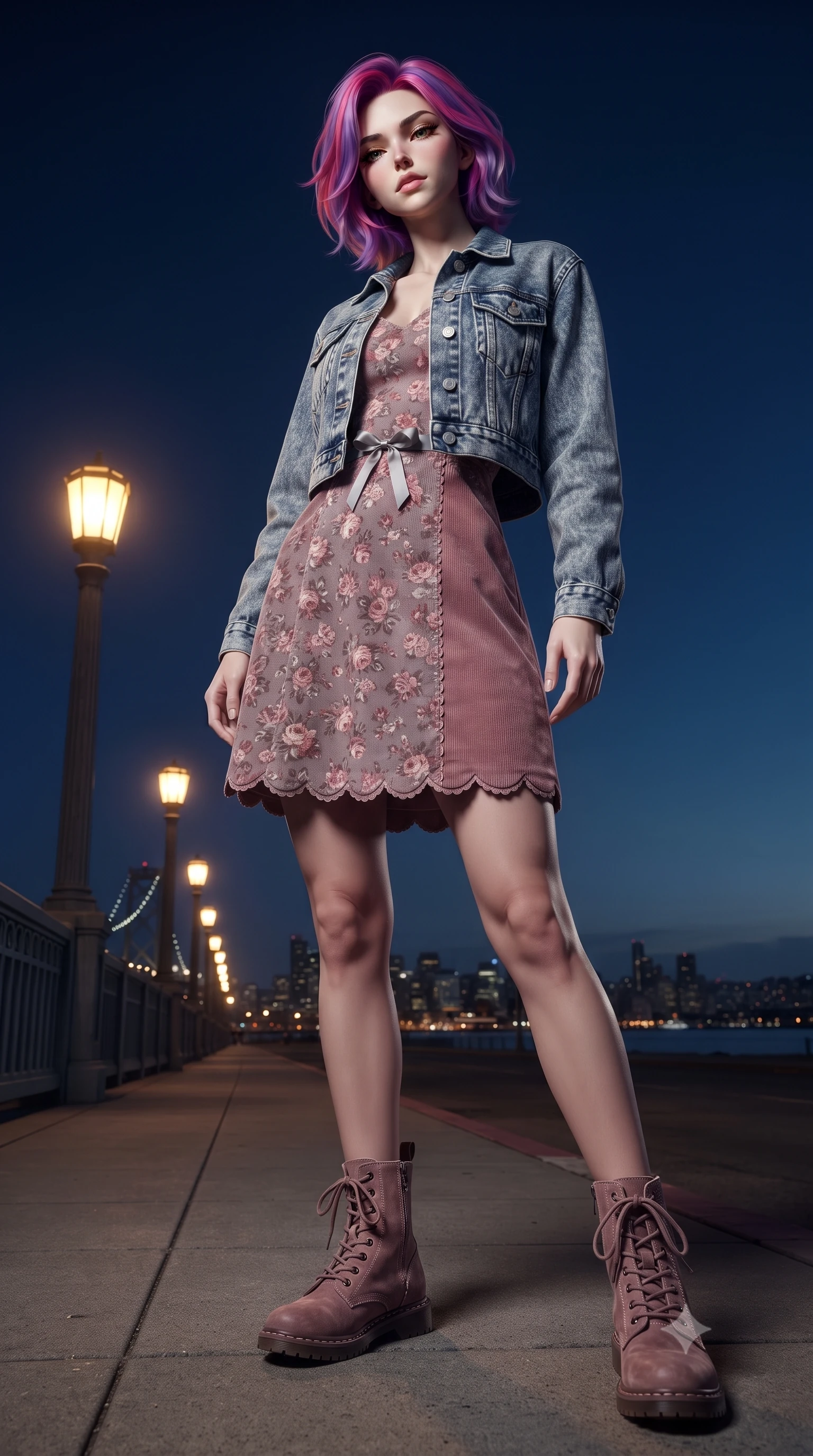 score_9, masterpiece, best quality, ultra-detailed, high-budget anime keyframe, editorial fashion photography, tasteful artistic composition, Caucasian woman. low angle full-body shot from head to toe showing her feet, filling the entire 9:16 vertical frame with her statuesque presence, stretching her vertical silhouette. standing poised with one hip cocked in an alluring high-fashion pose, her tall 8.5-heads proportions dominating the scene while standing poised on the bridge sidewalk under glowing art-deco streetlamps as distant city lights twinkle across the bay. The surrounding environment is rendered in vivid detail and crisp panoramic clarity. high-contrast midnight coastal chiaroscuro and classic 80s grand touring romance in precision. She has an absolutely perfect, statuesque 8.5-heads proportion, an exceptionally tall and slender model-like female figure with impossibly long slender legs, a toned flat midriff, and an ultra-slim waist. sharp v-shaped jawline, high-bridge nose, intricate jewel-like eyes with depth, thick eyelashes, glossy lips with a natural sheen, captivating and magnetic expression, flawlessly proportioned anatomical accuracy, strict slender model proportions, natural body alignment, perfectly sculpted long slender limbs, ultra-slim waistline, clean dynamic posture without body distortion. wearing a classic cropped acid-wash denim jacket paired with a floral print slip dress and combat boots in dusty rose pink and vintage heather grey, tailored from soft fine-wale corduroy with rich velvety texture, finished with a dainty waist ribbon bow and scalloped hemline trims, the breezy yet form-flattering drape swaying gracefully with her steps, accentuating her long willowy limbs and slim waistline. bathed in warm yellow streetlamp illumination and cool blue midnight sky ambient fill. ultra-reflective glossy finish, specular highlights, rich textural contrasts, high-contrast stereoscopic depth, volumetric dynamic lighting, 2k, ultra detail, master piece, 9:16 ratio