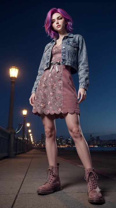score_9, masterpiece, best quality, ultra-detailed, high-budget anime keyframe, editorial fashion photography, tasteful artistic composition, Caucasian woman. low angle full-body shot from head to toe showing her feet, filling the entire 9:16 vertica