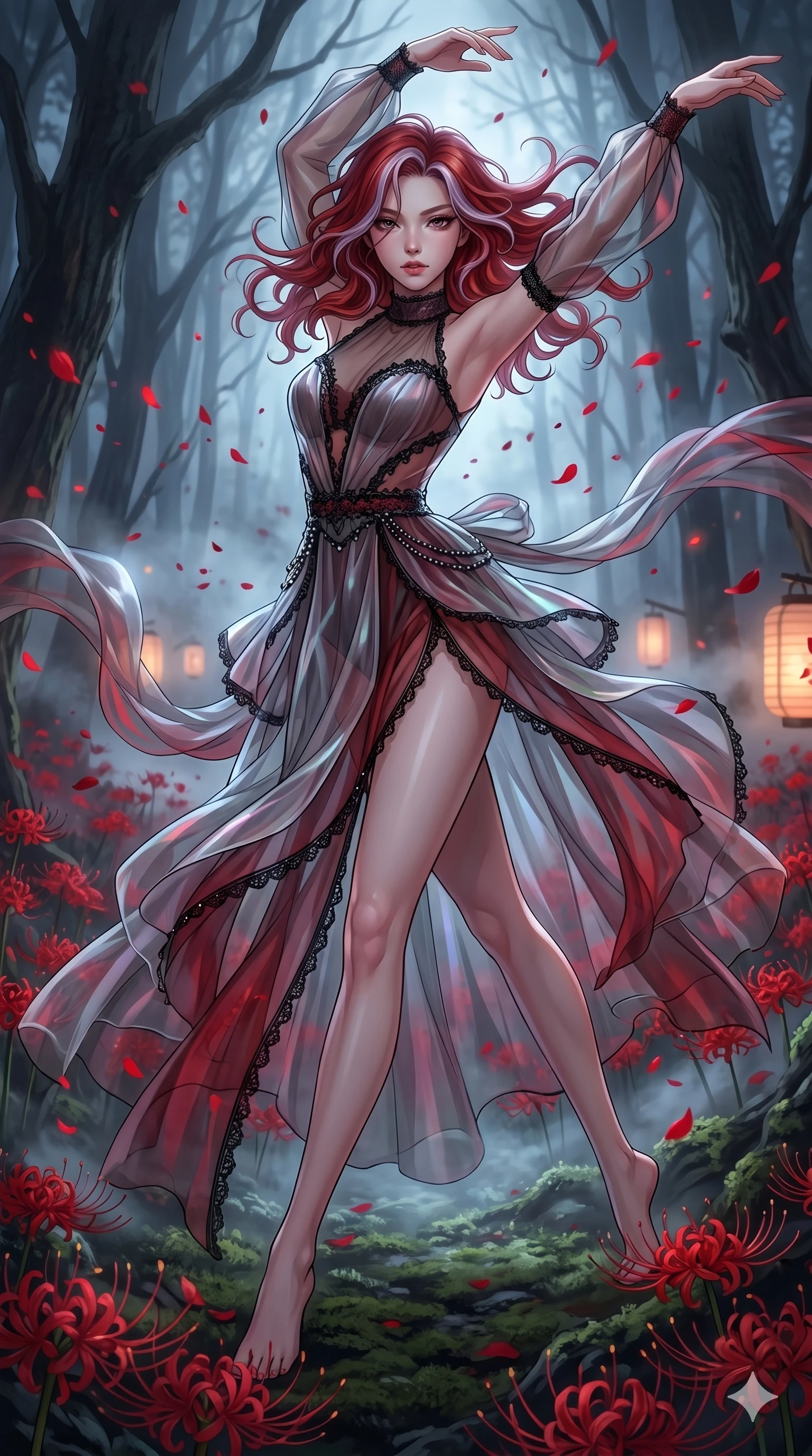 score_9, masterpiece, best quality, ultra-detailed, High-budget Anime Keyframe, East Asian woman. Low angle cowboy shot filling the entire 9:16 frame with her statuesque presence. Scenario 145: Dancing amidst falling red spider lilies in a misty dark forest. Her presence is magnetic and overpowering in this high-budget anime scene. Outfit 145: A sheer organza bare with a high-cut leg line and translucent layers. The clothing is designed to emphasize her exceptionally tall and slender 8-heads proportion. 8-heads proportion, towering silhouette, ultra-slim waist. sharp v-shaped jawline, intricate jewel-like eyes with depth, thick eyelashes, glossy lips. 2k, ultra detail, master piece, 9:16 ratio