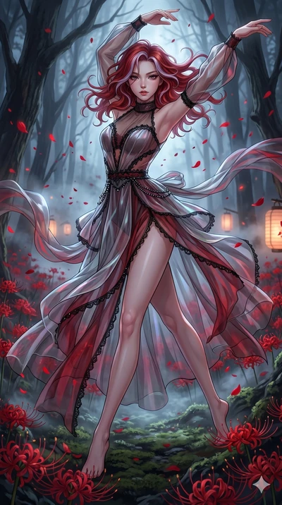 score_9, masterpiece, best quality, ultra-detailed, High-budget Anime Keyframe, East Asian woman. Low angle cowboy shot filling the entire 9:16 frame with her statuesque presence. Scenario 145: Dancing amidst falling red spider lilies in a misty dark