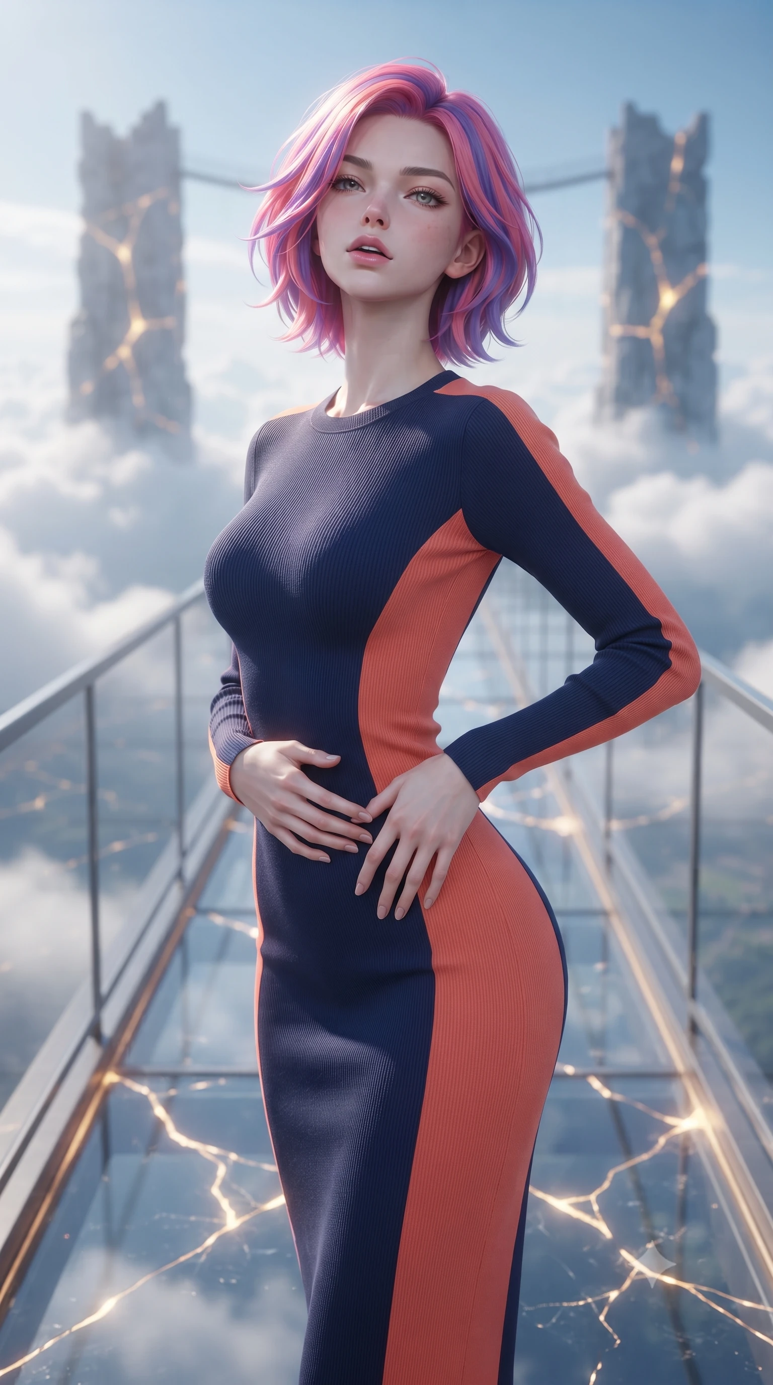 score_9, masterpiece, best quality, ultra-detailed, high-budget anime keyframe, editorial fashion photography, tasteful artistic composition, Caucasian woman, strictly human ears. close-up cowboy shot from the waist and thighs up, the character dominates the composition, filling the frame with her large presence, background elements kept in soft focus. Tilting her chin up slightly with lips parted in a composed expression. set against a soft-focus background of a narrow glass-walled and glass-floored bridge suspended between two cloud-piercing towers with wind-swept clouds drifting at the same altitude and nothing but sky and distant earth visible in every direction. She has an exceptionally elegant and slender, willowy female figure with an ultra-slim waist, a gracefully sculpted slender torso, and a refined slim physique. sharp v-shaped jawline, high-bridge nose, intricate jewel-like eyes with depth, thick eyelashes, glossy lips with a natural sheen. wearing a precision-fitted long-sleeve knit midi dress in a vibrant color block of navy and warm coral, contouring her slender torso. glowing kintsugi gold light radiating from cracks in the environment creating a majestic inner glow. 2k, ultra detail, master piece, 9:16 ratio