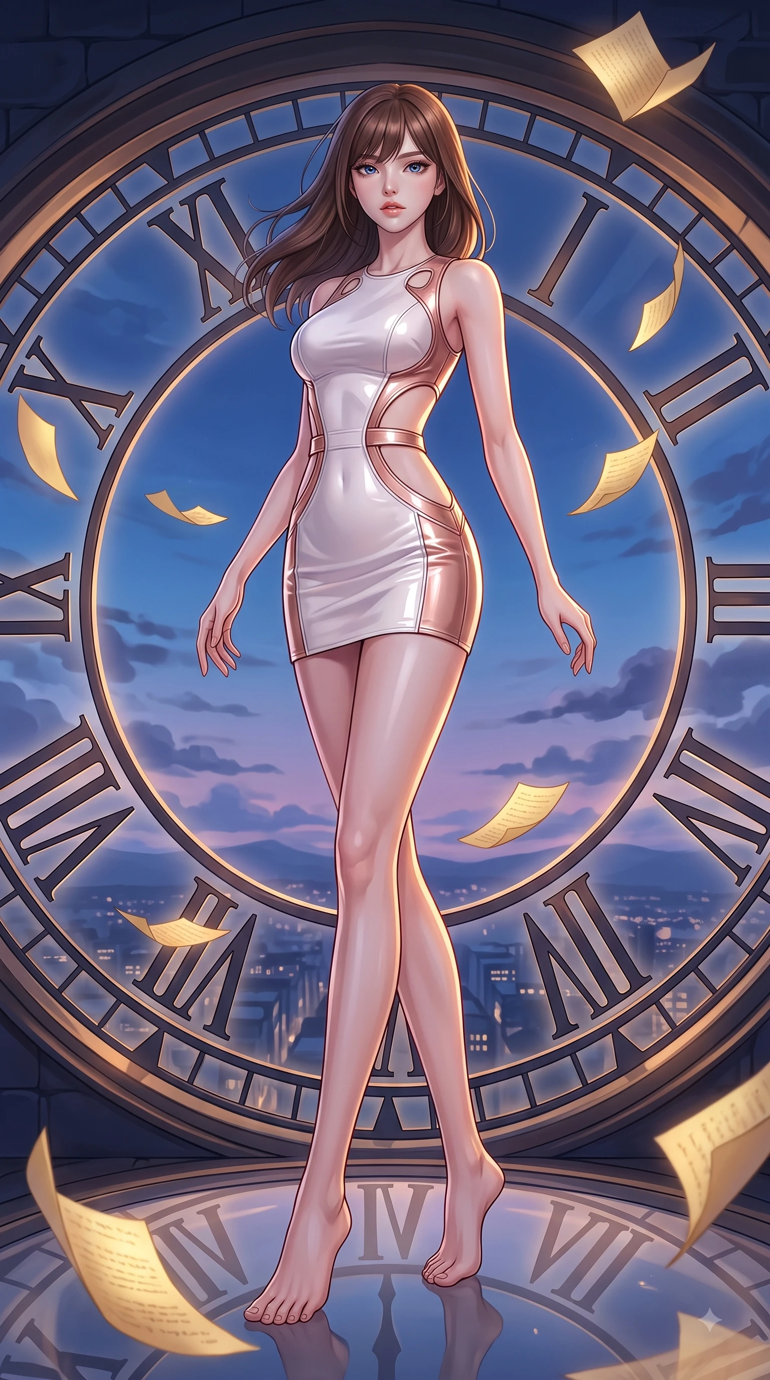 score_9, masterpiece, best quality, ultra-detailed, high-budget anime keyframe, editorial fashion photography, tasteful artistic composition, Korean woman. low angle full-body shot from head to toe showing her feet, filling the entire 9:16 vertical frame with her statuesque presence, stretching her vertical silhouette. pivoting dynamically in zero-gravity with fluid S-curve alignment, displaying her perfect model proportions while standing atop a giant translucent Roman numeral clock dial in a high tower at dusk, golden paper pages fluttering gently around her in a magical twilight breeze. She has an absolutely perfect, statuesque 8.5-heads proportion, an exceptionally tall and slender model-like female figure with impossibly long slender legs and an ultra-slim waist. sharp v-shaped jawline, high-bridge nose, intricate jewel-like eyes with depth, thick eyelashes, glossy lips with a natural sheen, flawlessly proportioned anatomical accuracy, natural body alignment, perfectly sculpted elegant limbs, clean dynamic posture without body distortion. wearing a dramatic open-waist cutout mini dress framed by sculptural hardware in pearl white and rose gold, tailored from high-gloss patent leather, featuring clean architectural cutouts along her slender torso, the glove-like fit emphasizing her statuesque silhouette during motion. surrounded by warm hearth light and dramatic bronze rim highlights. highly saturated vibrant anime colors, detailed shading with soft gradients, rich glossy textures, high-contrast stereoscopic depth, volumetric dynamic lighting, master piece, 9:16 ratio