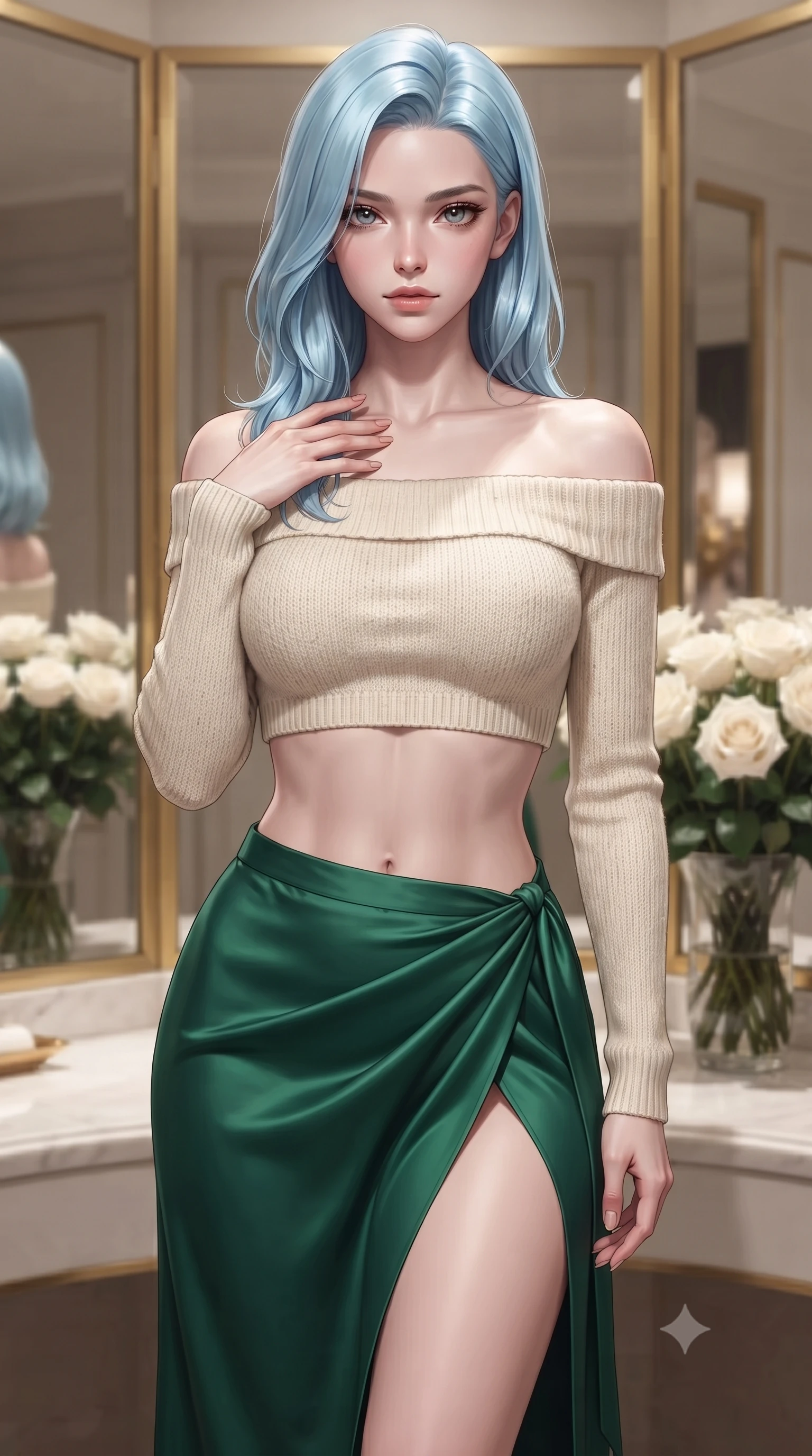 score_9, masterpiece, best quality, ultra-detailed, high-budget anime keyframe, editorial fashion photography, tasteful artistic composition, Korean woman woman. close-up cowboy shot from the waist and thighs up, the character dominates the composition, filling the frame with her large presence, background elements kept in soft focus. standing with one hand resting on her collarbone, looking at the viewer with bedroom-eyes the background shows a soft-focus a corner of a luxury hotel suite with gold-trimmed mirrors and white roses. She has an exceptionally elegant, slender, and willowy female figure with an ultra-slim waist, a gracefully sculpted slender torso, and a refined silhouette. sharp v-shaped jawline, high-bridge nose, intricate jewel-like eyes with depth, thick eyelashes, glossy lips with a natural sheen. wearing a slim-fit cropped off-shoulder knit top in cream paired with a high-slit wrap skirt in emerald green. soft spotlighting highlighting the silk textures of her gown. ultra-reflective glossy finish, specular highlights, metallic sheen, high-contrast stereoscopic depth, volumetric dynamic lighting, 2k, ultra detail, master piece, 9:16 ratio