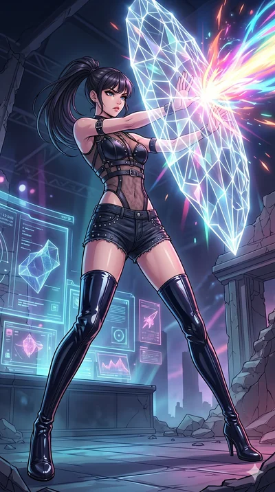 score_9, masterpiece, best quality, ultra-detailed, high-budget anime movie keyframe, cinematic anime lighting, intricate line art, Korean woman. Dynamic full-body shot stretching the vertical silhouette with extreme perspective. weaving a shield of 