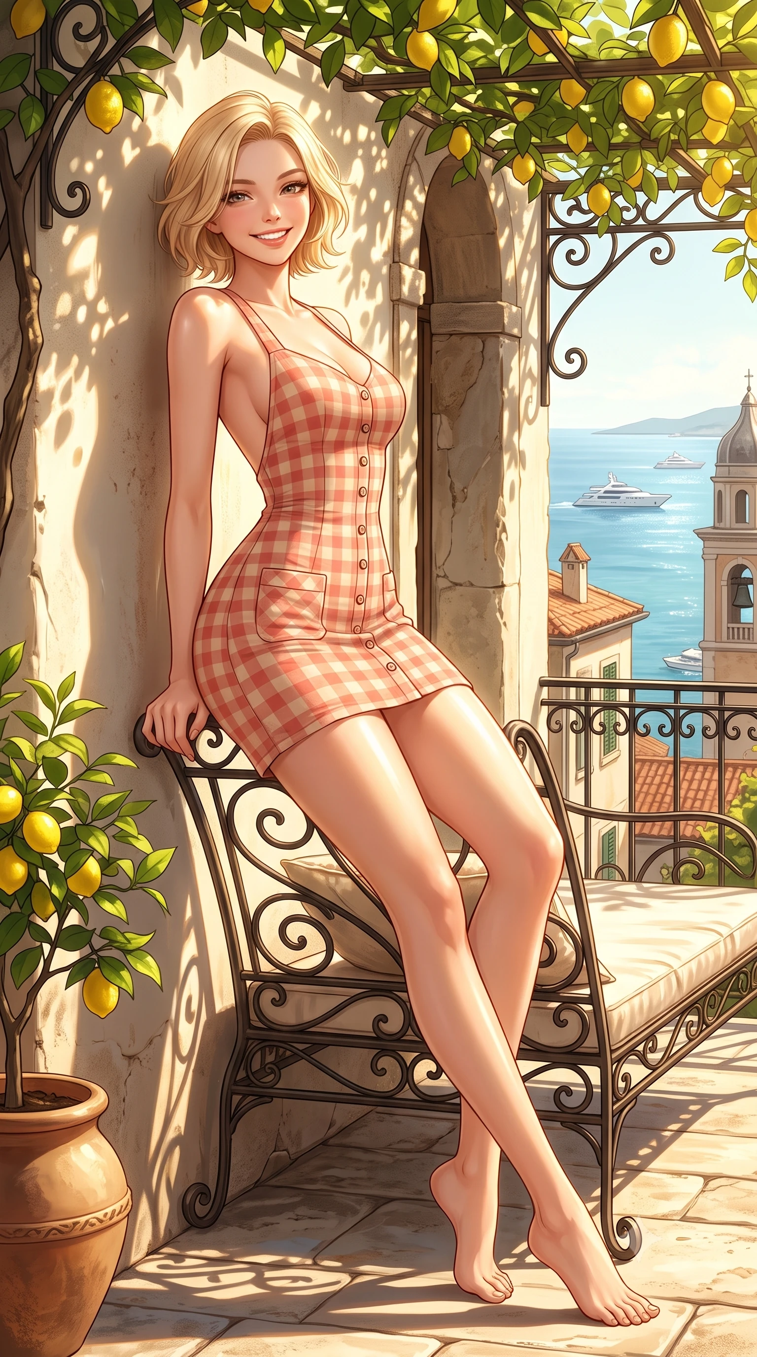 score_9, masterpiece, best quality, ultra-detailed, high-budget anime keyframe, semi-realistic 3D game render, editorial fashion photography, tasteful artistic composition, Caucasian woman. low angle full-body shot from head to toe showing her feet, filling the entire 9:16 vertical frame with her statuesque presence, stretching her vertical silhouette. leaning deep against the sunlit architecture with hips cocked back in a cute yet unapologetically alluring high-fashion stance, flashing a warm beaming smile while reclining on a vintage wrought-iron sunbed under the leafy lemon canopy, her long slender legs and feminine curves bathed in golden light. The surrounding environment is rendered in vivid detail and crisp panoramic clarity. detailed linen sundress weave, sun-dappled skin highlights, and distant yacht clarity in high resolution. She has an exceptionally tall and slender model-like 8.5-heads proportion, an ultra-slim waist, a flat toned midriff, narrow delicate ribcage, and beautifully sculpted feminine hips creating a graceful, slim hourglass silhouette without any bulky heaviness, with impossibly long slender legs. sharp v-shaped jawline, high-bridge nose, intricate jewel-like sparkling eyes with depth, thick eyelashes, glossy parted lips with a natural peach sheen, bright cheerful beaming smile with an enchanting and coquettish sensual glint, exuding both youthful cute charm and seductive allure, flawlessly proportioned anatomical accuracy, strict slender model proportions, natural body alignment, perfectly sculpted long slender limbs, ultra-slim waistline, clean dynamic posture without body distortion. wearing a backless lace-up gingham sundress with a form-fitting bodice and hip-defining silhouette in warm coral pink and soft oatmeal beige, woven from layered gossamer organza with weightless flutter, finished with neat front wooden buttons and delicate pocket details, the liquid-tight tailored fabric clinging flawlessly to her narrow waist and rounded feminine hips, emphasizing every millimeter of her sculpted slim hourglass curves without any bulky heaviness. illuminated by intense specular sea surface glints defining her sculpted collarbones, narrow waist, and curvy hips. highly saturated vibrant anime colors, detailed shading with soft gradients, rich glossy textures, high-contrast stereoscopic depth, volumetric dynamic lighting, master piece, 9:16 ratio