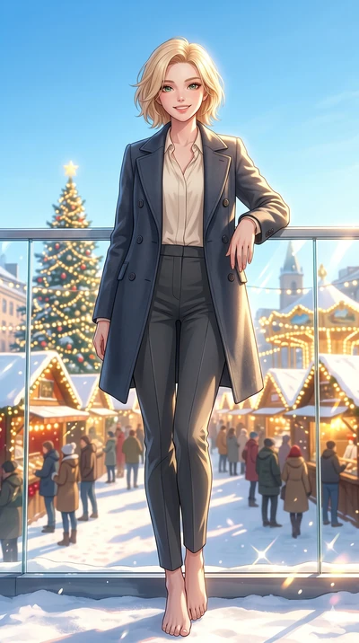 score_9, masterpiece, best quality, ultra-detailed, high-budget anime keyframe, vibrant anime aesthetic, Caucasian woman, strictly human ears. low angle full-body shot from head to toe showing her feet, filling the entire 9:16 vertical frame with her