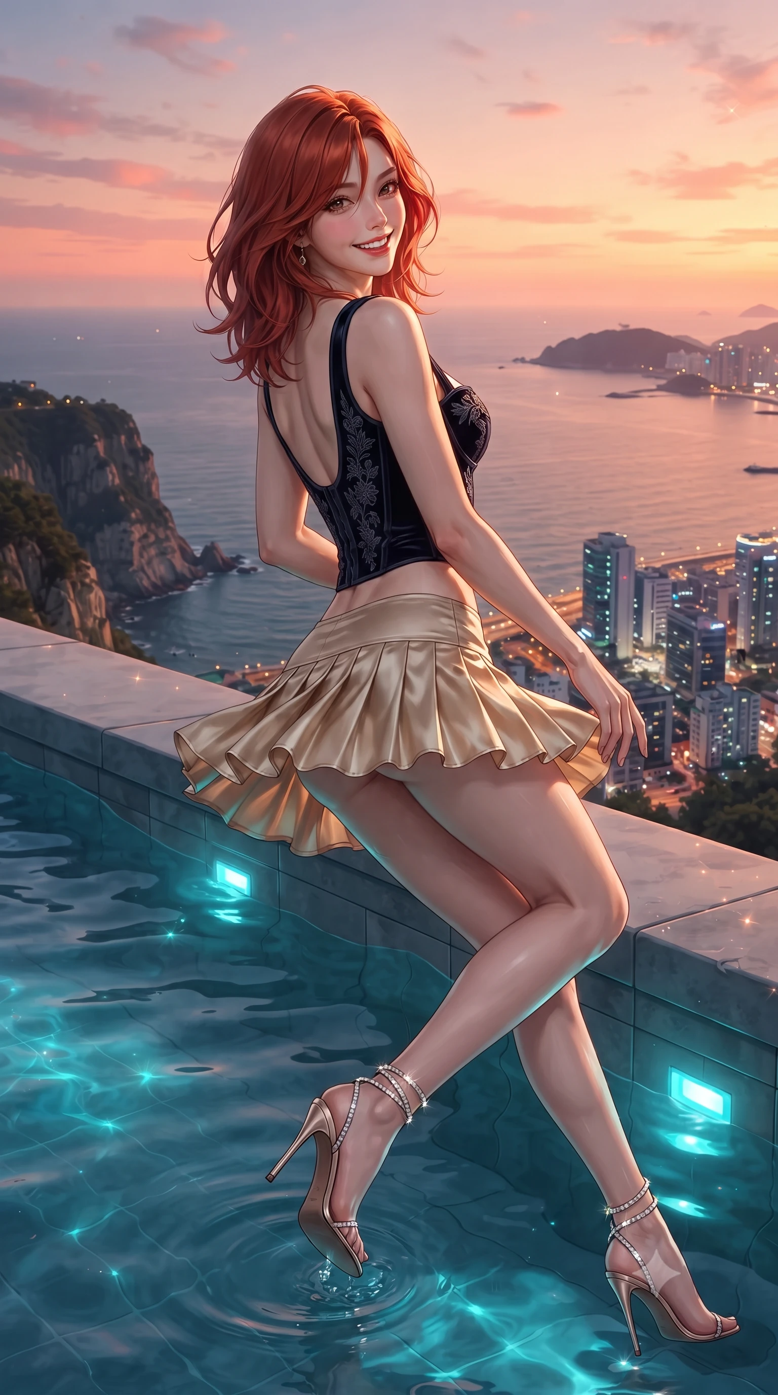 score_9, masterpiece, best quality, ultra-detailed, high-budget anime keyframe, editorial fashion photography, tasteful artistic composition, Korean woman. low angle full-body shot from head to toe showing her feet, filling the entire 9:16 vertical frame with her statuesque presence, stretching her vertical silhouette. executing a slow, graceful pivot turn as her skirt sways around her slender legs, glancing back with an enchanting, teasing sensual expression while lounging in the heated water propped on the pool rim with legs extended, her statuesque 8.5-heads silhouette commanding the ocean metropolis. The surrounding environment is rendered in vivid detail and crisp panoramic clarity: detailed outfit texture, wet cling or bodycon fit, and clifftop engineering in razor-sharp precision. She has an exceptionally tall and slender model-like 8.5-heads proportion, an ultra-slim waist, a flat toned midriff, narrow delicate ribcage, and beautifully sculpted feminine hips creating a graceful, slim hourglass silhouette without any bulky heaviness, with impossibly long slender legs. sharp v-shaped jawline, high-bridge nose, intricate jewel-like sparkling eyes with depth, thick eyelashes, glossy parted lips with a natural peach sheen, bright cheerful beaming smile with an enchanting and coquettish sensual glint, exuding both youthful cute charm and seductive allure, flawlessly proportioned anatomical accuracy, strict slender model proportions, natural body alignment, perfectly sculpted long slender limbs, ultra-slim waistline, clean dynamic posture without body distortion. wearing a structured Bohemian boned velvet bustier top paired with an ultra-short low-rise pleated micro mini skirt in deep midnight obsidian black and champagne gold, crafted from fluid liquid silk satin that clings smoothly to her narrow waist and rounded hips with a dewy sheen, complemented by strappy stiletto sandals with crystal ankle wraps accentuating her slender calves, the precision-cut side openings and low-back scoop framing her graceful spine and the sensual sweep of her slim, toned hips. bathed in late-sunset 3000K coral alpenglow combined with underwater pool cyan LEDs and Camps Bay evening city lights. ultra-reflective glossy finish, specular highlights, rich textural contrasts, high-contrast stereoscopic depth, volumetric dynamic lighting, 2k, ultra detail, master piece, 9:16 ratio