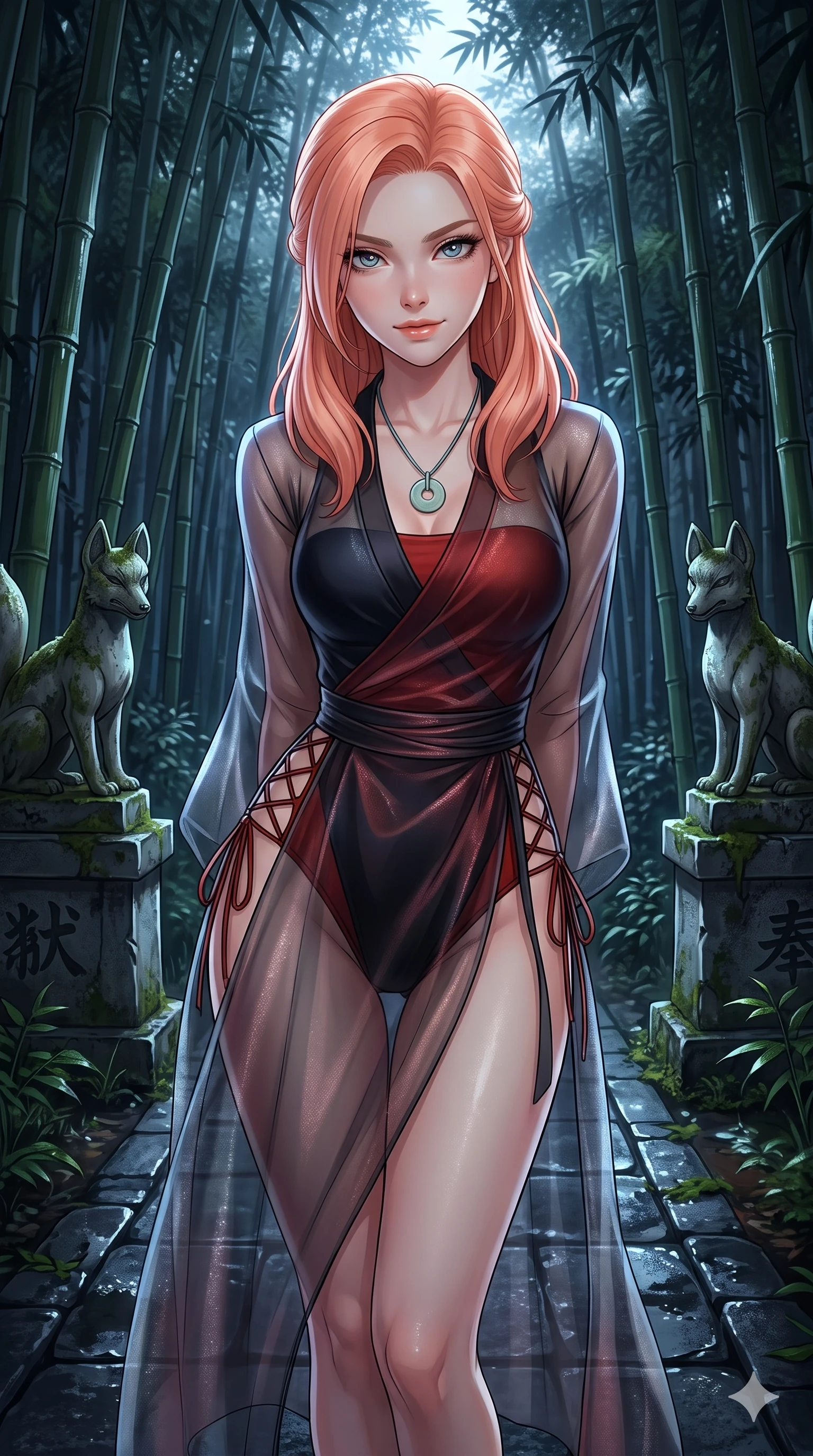 score_9, masterpiece, best quality, ultra-detailed, high-budget anime keyframe, semi-realistic 3D game render, editorial fashion photography, tasteful artistic composition, Japanese woman. close-up cowboy shot from the waist and thighs up, the character dominates the composition, filling the frame with her large presence. leaning forward while arching her lower back to accentuate her curvy hips, looking into the camera with an intoxicating smoldering gaze and bedroom-eyes while standing poised between weathered stone kitsune statues along the dark bamboo path, arching her back with breathless siren allure. The surrounding environment is rendered in vivid detail and crisp panoramic clarity: sharp bamboo node rings, moss lichen on carved stone statues, and wet granite path paving in deep focus. She has an exceptionally elegant, slender, and willowy female figure with an ultra-slim waist, flat toned midriff, narrow ribcage, and sculpted feminine hips creating an alluring, slim hourglass silhouette without bulk. sharp v-shaped jawline, high-bridge nose, sparkling eyes with hypnotic seductive depth, thick curled eyelashes, glossy parted lips with a natural dewy peach sheen, alluring bedroom-eyes with an enchanting coquettish smile, exuding magnetic siren charisma and sophisticated glamour, flawlessly proportioned anatomical accuracy, strict slender model proportions, natural body alignment, perfectly sculpted long slender limbs, ultra-slim waistline, clean dynamic posture without body distortion. wearing a provocative sheer nobang organza wrap overskirt layered over a form-fitting silk leotard with bare hip flanks in midnight obsidian black and rich cinnabar red, featuring fine criss-cross lace-up side ties revealing tantalizing glimpses of her hip curve, finished with a minimalist celadon porcelain pendant on a fine silk cord, the form-contouring silhouette accentuating her sculpted flat midriff, narrow delicate ribcage, and gracefully curvy hips with intoxicating allure. bathed in crisp silver moonlight filtering down through dense bamboo canopies creating intricate linear shadows. highly saturated vibrant anime colors, detailed shading with soft gradients, rich glossy textures, high-contrast stereoscopic depth, volumetric dynamic lighting, master piece, 9:16 ratio