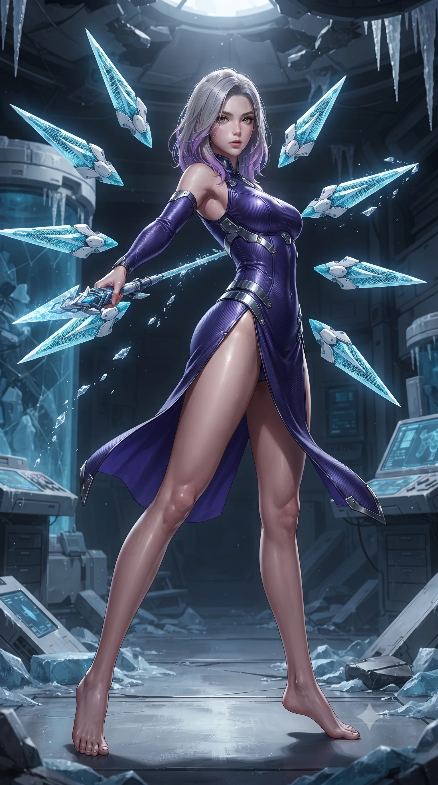 score_9, masterpiece, best quality, ultra-detailed, high-budget anime keyframe, editorial fashion photography, tasteful artistic composition, Caucasian woman. low angle full-body shot from head to toe showing her feet, filling the entire 9:16 vertical frame with her statuesque presence, stretching her vertical silhouette. arching her spine in a fluid zero-gravity combat turn with sovereign grace, her long slender legs and sculpted torso creating a sweeping line of power while pivoting dynamically as she thrusts the cryo-spear forward, leaving a trail of diamond frost crystals hanging in the air. The surrounding environment is rendered in vivid detail and crisp panoramic clarity. high-contrast arctic chiaroscuro and sleek high-tech laboratory ruin captured with precision. She has an absolutely perfect, statuesque 8.5-heads proportion, an exceptionally tall and slender model-like female figure with impossibly long slender legs, a toned flat midriff, and an ultra-slim waist. sharp v-shaped jawline, high-bridge nose, intricate jewel-like eyes with depth, thick eyelashes, glossy lips with a natural sheen, flawlessly proportioned anatomical accuracy, strict slender model proportions, natural body alignment, perfectly sculpted long slender limbs, ultra-slim waistline, clean dynamic posture without body distortion. wearing a precision-fitted royal purple carbon-fiber battle-dress with high-slit tactical skirt and silver accents, directing eight floating nano-crystal funnel blades with sovereign gestures in glacial ice-cyan carbon mesh with pure white armor plates, crafted from ultra-strong woven carbon-fiber composite with a satin luster, detailed with magnetic weapon holsters and polished chrome connection clasps, the form-contouring material adhering flawlessly to her sculpted flat midriff and slender torso, emphasizing her long leg lines and perfectly proportioned willowy build. surrounded by a cool, lethal, and breathtakingly alluring frost-goddess special-operative aura. ultra-reflective glossy finish, specular highlights, dark metallic sheen, high-contrast stereoscopic depth, volumetric dynamic lighting, 2k, ultra detail, master piece, 9:16 ratio