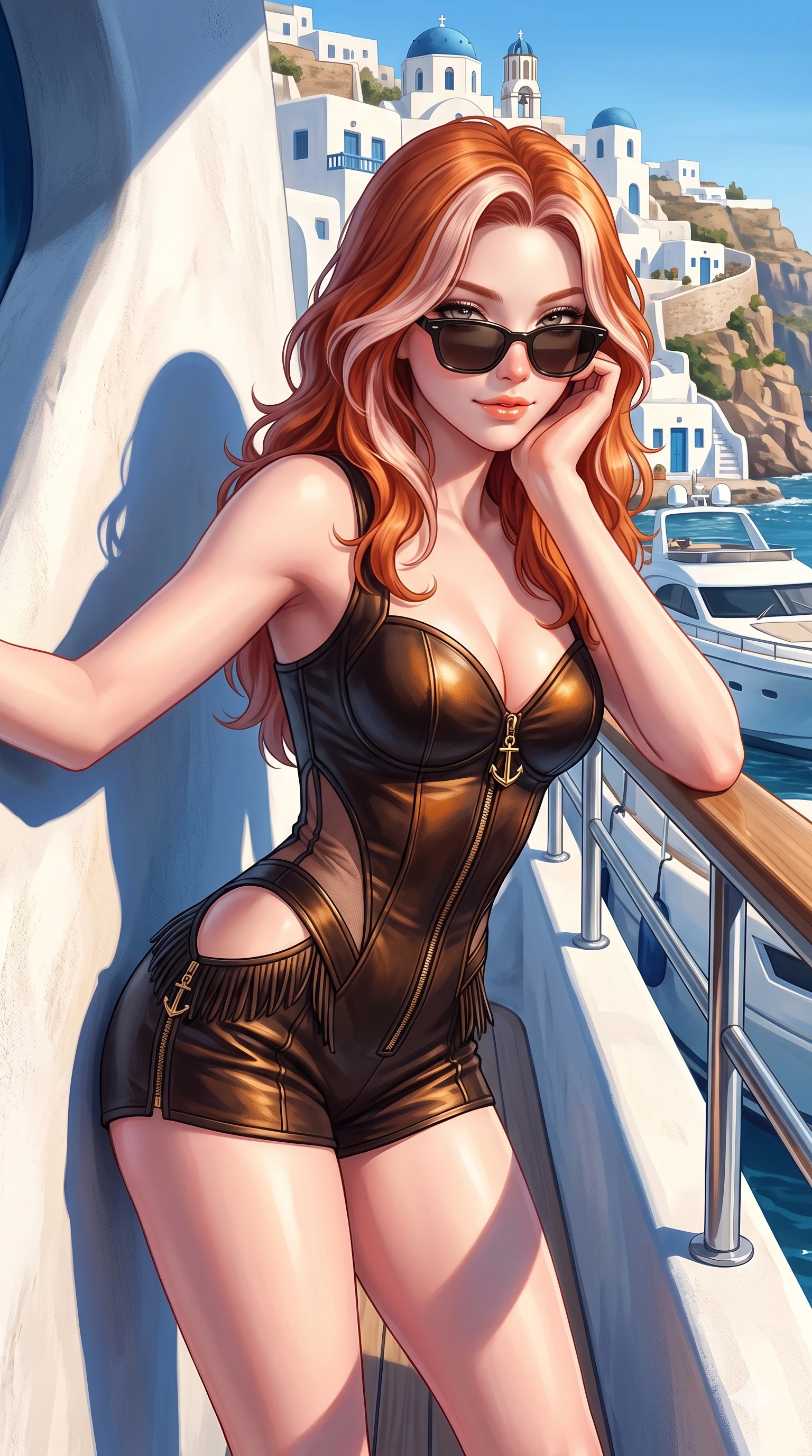 score_9, masterpiece, best quality, ultra-detailed, high-budget anime keyframe, semi-realistic 3D game render, editorial fashion photography, tasteful artistic composition, Caucasian woman. close-up cowboy shot from the waist and thighs up, the character dominates the composition, filling the frame with her large presence. resting one elbow on the yacht railing and supporting her chin, leaning close to the camera with heavy-lidded sparkling eyes and parted lips while leaning against the sun-baked curved white wall with hips cocked back, looking through dark sunglasses with an alluring, confident half-smile. The surrounding environment is rendered in vivid detail and crisp panoramic clarity: detailed sheer illusion mesh western bodysuit tailoring, fringe accents, and Cycladic island architecture in razor-sharp clarity. She has an exceptionally elegant, slender, and willowy female figure with an ultra-slim waist, flat toned midriff, narrow ribcage, and sculpted feminine hips creating an alluring, slim hourglass silhouette without bulk. sharp v-shaped jawline, high-bridge nose, sparkling eyes with hypnotic seductive depth, thick curled eyelashes, glossy parted lips with a natural dewy peach sheen, alluring bedroom-eyes with an enchanting coquettish smile, exuding magnetic siren charisma and sophisticated glamour, flawlessly proportioned anatomical accuracy, strict slender model proportions, natural body alignment, perfectly sculpted long slender limbs, ultra-slim waistline, clean dynamic posture without body distortion. wearing a deep sweetheart-neckline bodycon romper with side-hip cutouts accentuating her hourglass curves in dark espresso leather and warm amber highlights, woven from buttery-soft stretch lambskin leather adhering to her body like a second skin, finished with sleek heavy-duty brass anchor zip pulls and nautical hardware, the form-contouring material adhering flawlessly to her sculpted flat midriff and slender torso, emphasizing her long leg lines and perfectly proportioned willowy build. bathed in the intense, crystal-clear 4000K Mediterranean sun casting crisp, geometric dark blue shadows on organic white plaster surfaces. highly saturated vibrant anime colors, detailed shading with soft gradients, rich glossy textures, high-contrast stereoscopic depth, volumetric dynamic lighting, master piece, 9:16 ratio