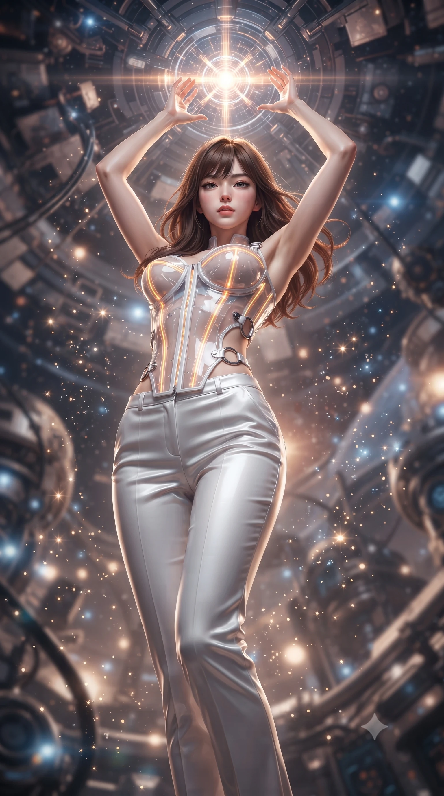 score_9, masterpiece, best quality, ultra-detailed, high-budget anime keyframe, editorial fashion photography, tasteful artistic composition, Korean woman. low angle full-body shot from head to toe showing her feet, filling the entire 9:16 vertical frame with her statuesque presence, stretching her vertical silhouette. performing an alluring mid-air vault with flawless poise, looking directly into the camera with regal, divine intensity while arching her spine in a fluid zero-gravity stretch with arms outstretched toward the glowing heart of the warp core. The composition keeps background elements in soft focus with creamy bokeh. sparkling subatomic light particles scattering celestial brilliance across the background. She has an absolutely perfect, statuesque 8.5-heads proportion, an exceptionally tall and slender model-like female figure with impossibly long slender legs, a toned flat midriff, and an ultra-slim waist. sharp v-shaped jawline, high-bridge nose, intricate jewel-like eyes with depth, thick eyelashes, glossy lips with a natural sheen, flawlessly proportioned anatomical accuracy, strict slender model proportions, natural body alignment, perfectly sculpted long slender limbs, ultra-slim waistline, clean dynamic posture without body distortion. wearing a structured translucent cyber-corset paired with tailored high-fashion satin trousers that sharply cinch her ultra-slim waist in high-contrast monochrome white enamel and glowing amber lines, tailored from semi-translucent cybernetic vinyl with glowing micro-filaments, detailed with polished silver rings connecting the daring side-waist cutouts, the liquid-tight tailored fabric emphasizing every curve of her tall, slender model proportions and sculptured silhouette during dynamic movement. surrounded by an awe-inspiring, divine, and radiantly transcendent machine-muse sovereignty aura. ultra-reflective glossy finish, specular highlights, dark metallic sheen, high-contrast stereoscopic depth, volumetric dynamic lighting, 2k, ultra detail, master piece, 9:16 ratio