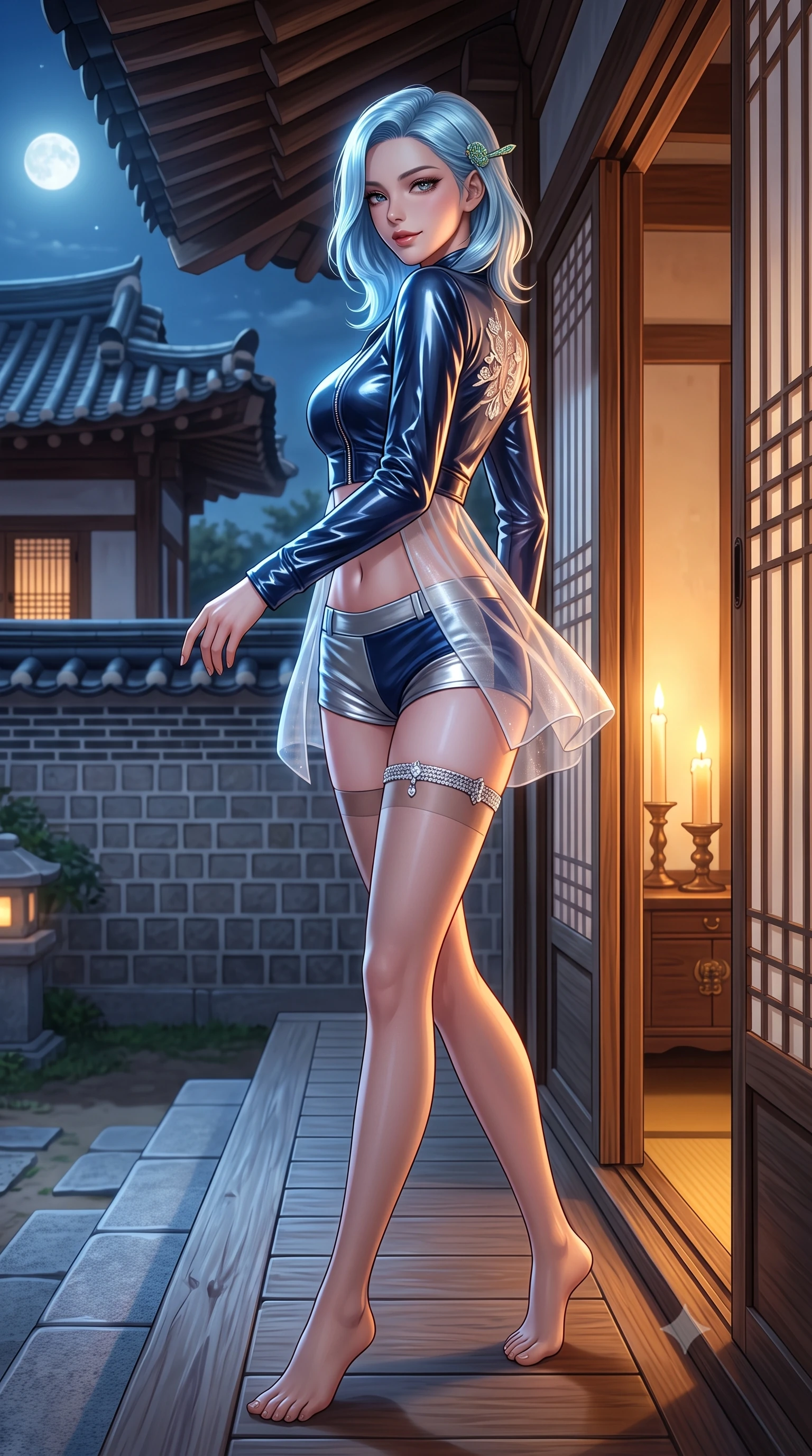 score_9, masterpiece, best quality, ultra-detailed, high-budget anime keyframe, semi-realistic 3D game render, editorial fashion photography, tasteful artistic composition, Korean woman. low angle full-body shot from head to toe showing her feet, filling the entire 9:16 vertical frame with her statuesque presence, stretching her vertical silhouette. walking along the moonlit terrace with poise, looking back over her bare shoulder with an irresistible smoldering bedroom-gaze while twisting her slender torso in an alluring contrapposto pose beside the sliding rice-paper door, warm candlelight silhouette outlining her curves. The surrounding environment is rendered in vivid detail and crisp panoramic clarity: detailed sheer jeogori embroidery, jade hairpin glints, and traditional Korean courtyard masonry in razor-sharp precision. She has an absolutely perfect, statuesque 8.5-heads proportion, an exceptionally tall and slender model-like female figure with impossibly long slender legs, an ultra-slim waist, a flat toned midriff, narrow delicate ribcage, and beautifully sculpted feminine hips creating a graceful, slim hourglass silhouette without any bulky heaviness. sharp v-shaped jawline, high-bridge nose, sparkling eyes with hypnotic seductive depth, thick curled eyelashes, glossy parted lips with a natural dewy peach sheen, alluring bedroom-eyes with an enchanting coquettish smile, exuding magnetic siren charisma and sophisticated glamour, flawlessly proportioned anatomical accuracy, strict slender model proportions, natural body alignment, perfectly sculpted long slender limbs, ultra-slim waistline, clean dynamic posture without body distortion. wearing a form-fitting zip-front wet-look vinyl bolero jacket paired with low-rise metallic hot-pants and sheer stockings in metallic liquid silver and deep sapphire navy, made of delicate semi-sheer Korean gossamer organza with subtle pearlescent glints, accented with a delicate crystal-encrusted thigh garter strap glinting under the lights, the form-contouring silhouette accentuating her sculpted flat midriff, narrow delicate ribcage, and gracefully curvy hips with intoxicating allure. bathed in warm golden candlelight glowing from within the interior room mixed with cool moonlight fill. highly saturated vibrant anime colors, detailed shading with soft gradients, rich glossy textures, high-contrast stereoscopic depth, volumetric dynamic lighting, master piece, 9:16 ratio