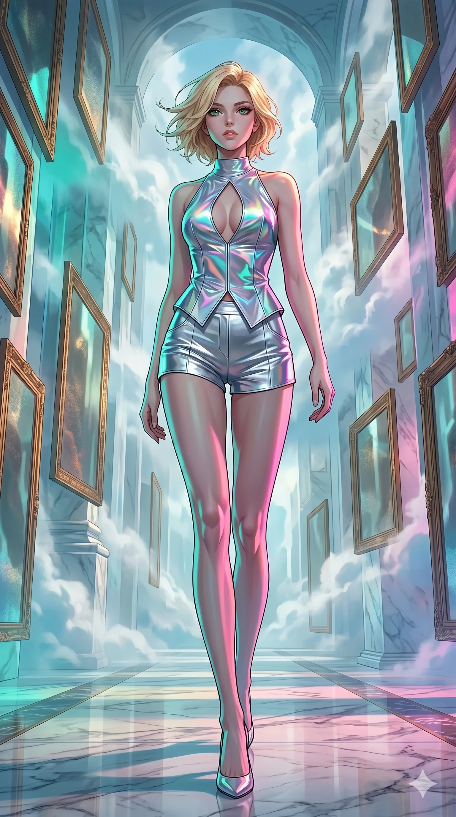 score_9, masterpiece, best quality, ultra-detailed, high-budget anime keyframe, Caucasian woman, strictly human ears. low angle full-body shot filling the entire 9:16 frame with her statuesque presence, stretching the vertical silhouette. wandering through a mirage cloud cathedral of translucent marble and water mist, surrounded by floating ancient bronze mirror walls. She has an absolutely perfect 8-heads proportion, an exceptionally tall and slender female figure with impossibly long slender legs and an ultra-slim waist. V-shaped jawline, high-bridge nose, intricate jewel-like eyes with depth, thick eyelashes, glossy lips with a natural sheen.. wearing a holographic liquid silk vest and silver metallic tailored tailored mini shorts, featuring a keyhole cutout and architectural silhouette. accented by dynamic color-blocked lighting with high-contrast shadows emphasizing her statuesque height. 2k, ultra detail, master piece, 9:16 ratio