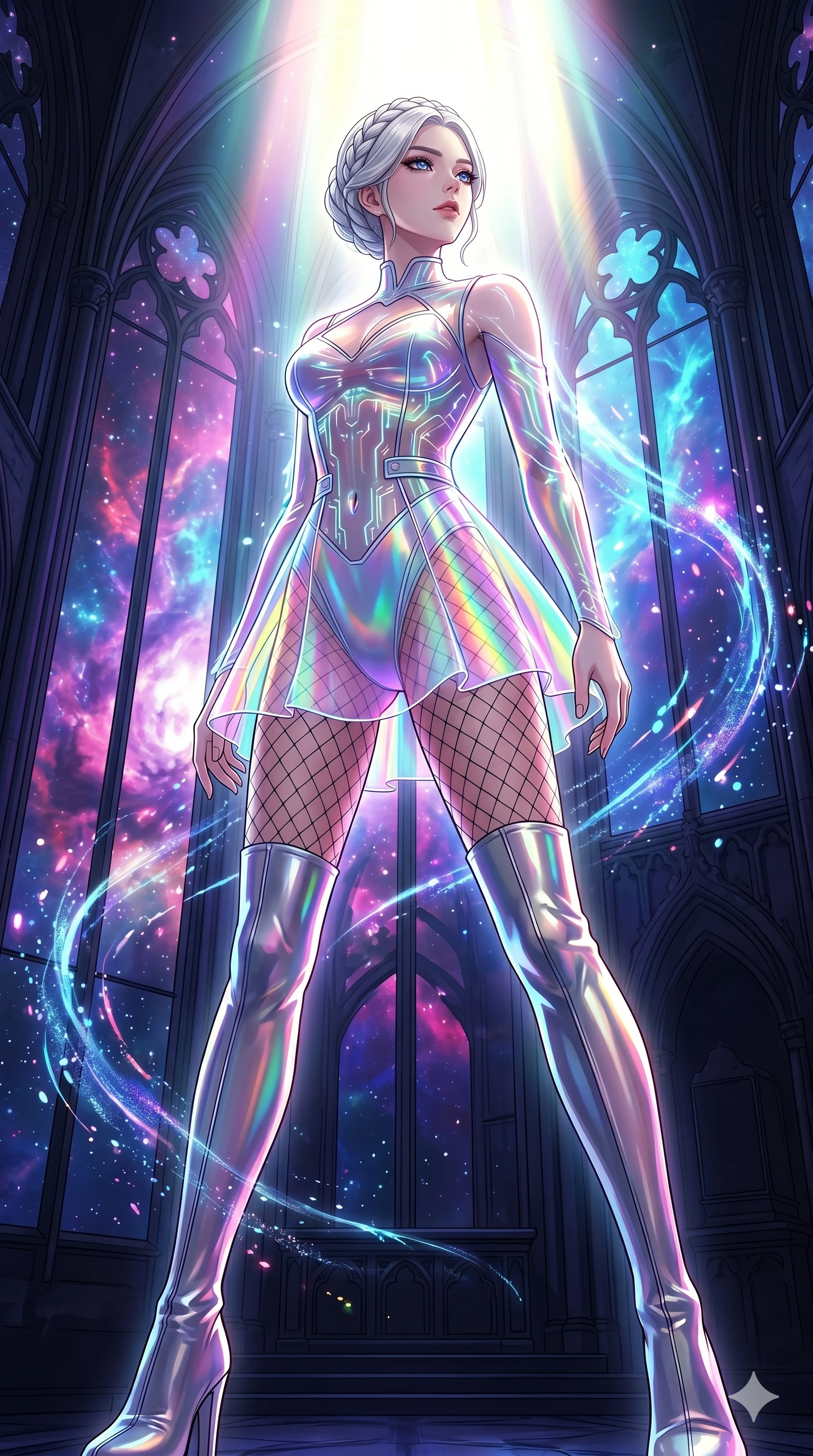 score_9, masterpiece, best quality, ultra-detailed, High-budget Anime Keyframe, vibrant colors, fluid line-art, expressive lighting, cinematic composition, Ufotable-style visual effects, top-tier animation quality, Korean woman with idol-like refined features. Low angle cowboy shot filling the entire 9:16 frame with her statuesque presence, looking up to emphasize her height. Transcending her physical form in a sudden flash of divine light, her silhouette becoming a being of pure energy. She has an absolutely perfect 8-heads proportion, an exceptionally tall and slender female figure with impossibly long slender legs and an ultra-slim waist, her statuesque height and towering silhouette dominating the vertical 9:16 frame. Her face is a masterpiece featuring a sharp v-shaped jawline, high-bridge nose, intricate jewel-like eyes with depth, thick eyelashes, and glossy lips with a natural sheen. She is wearing a Transparent mini-dress with glowing internal circuits and a high-cut structural leotard crafted from Holographic chiffon that changes color with every movement, creating a rainbow effect, accompanied by sensual fishnet stockings and thigh-high metallic boots. The scene is set in a majestic gothic cathedral in deep space with massive windows overlooking a swirling nebula, illuminated by harsh neon light and deep shadows creating a high-contrast noir aesthetic. 2k, ultra detail, master piece, 9:16 ratio