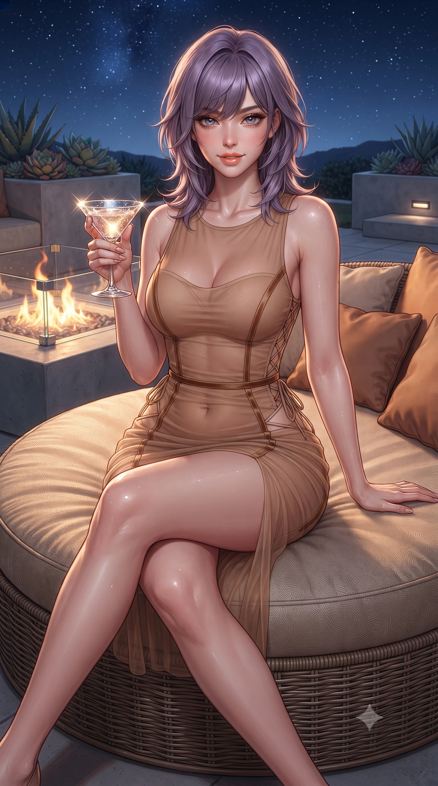 score_9, masterpiece, best quality, ultra-detailed, high-budget anime keyframe, editorial fashion photography, tasteful artistic composition, Japanese woman. close-up cowboy shot from the waist and thighs up, the character dominates the composition, filling the frame with her large presence. leaning forward while arching her lower back to accentuate her curvy hips, looking into the camera with an intoxicating smoldering gaze and bedroom-eyes while sitting gracefully on the circular outdoor sofa with legs crossed, holding a cocktail glass with magnetic Hollywood glamour. The surrounding environment is rendered in vivid detail and crisp panoramic clarity: detailed sheer lace bodysuit plunge, criss-cross torso straps, and California modernist landscape craft in high resolution. She has an exceptionally elegant, slender, and willowy female figure with an ultra-slim waist, flat toned midriff, narrow ribcage, and sculpted feminine hips creating an alluring, slim hourglass silhouette without bulk. sharp v-shaped jawline, high-bridge nose, intricate jewel-like sparkling eyes with depth, thick eyelashes, glossy parted lips with a natural peach sheen, bright cheerful beaming smile with an enchanting and coquettish sensual glint, exuding both youthful cute charm and seductive allure, flawlessly proportioned anatomical accuracy, strict slender model proportions, natural body alignment, perfectly sculpted long slender limbs, ultra-slim waistline, clean dynamic posture without body distortion. wearing a provocative semi-sheer tulle cocktail dress with velvet ribbon piping contouring her narrow waist and hips in Beverly Hills honey champagne and warm toasted caramel, woven from buttery-soft stretch lambskin leather adhering to her body like a second skin, featuring fine criss-cross lace-up side ties revealing tantalizing glimpses of her hip curve, the form-contouring silhouette accentuating her sculpted flat midriff, narrow delicate ribcage, and gracefully curvy hips with intoxicating allure. bathed in the warm radiant 2200K hearth glow of the dancing outdoor fire pit contrasted with cool starlight. ultra-reflective glossy finish, specular highlights, rich textural contrasts, high-contrast stereoscopic depth, volumetric dynamic lighting, 2k, ultra detail, master piece, 9:16 ratio