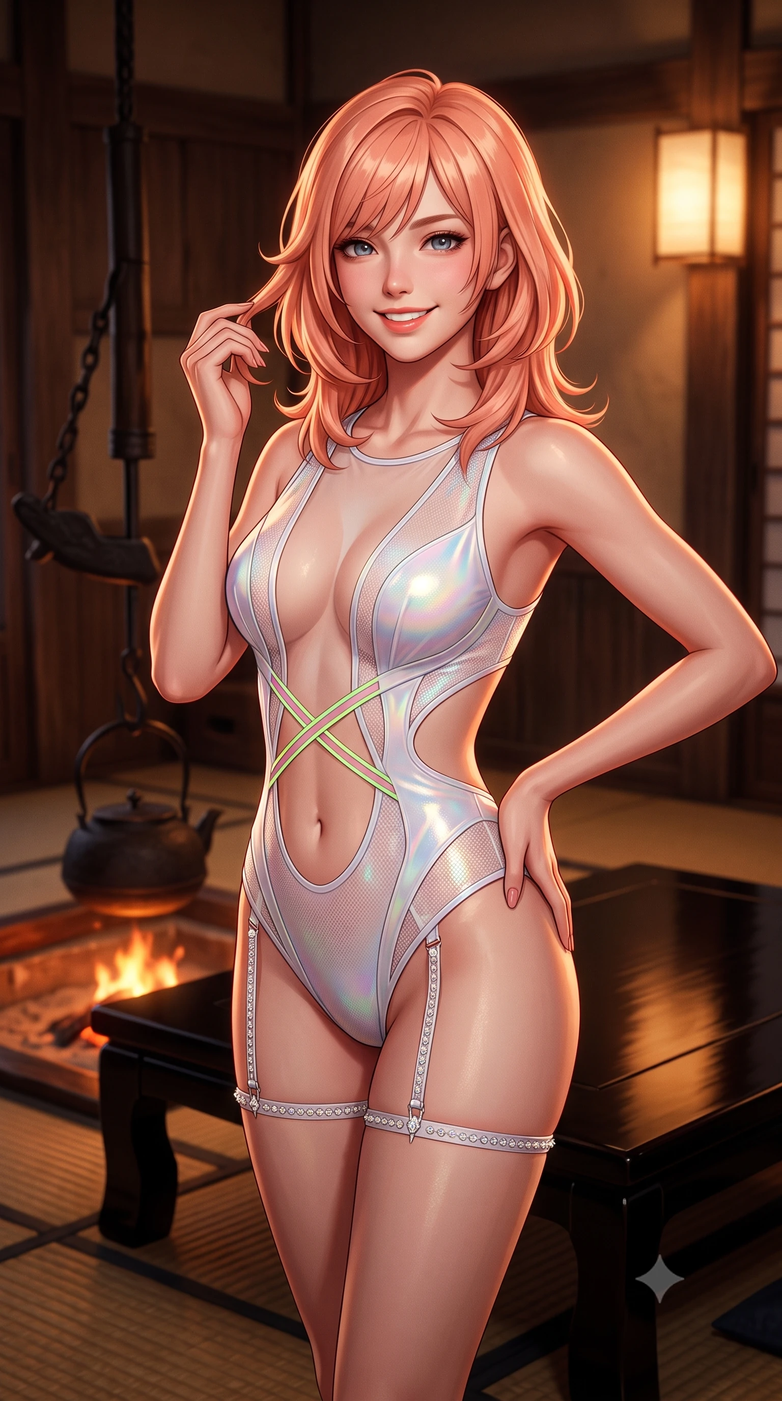 score_9, masterpiece, best quality, ultra-detailed, high-budget anime keyframe, semi-realistic 3D game render, editorial fashion photography, tasteful artistic composition, Japanese woman. close-up cowboy shot from the waist and thighs up, the character dominates the composition, filling the frame with her large presence. twisting her slender torso in an alluring contrapposto stance, one hand resting on her sculpted hip while her fingers toy with her hair with effortless poise while twisting her slender torso in an alluring S-curve beside the black urushi tea ceremony table, warm hearth light tracing her curves. The background shows a soft-focus hanging wrought-iron kettle hook softened in Edo period historic mountain waystation shallow focus. She has an exceptionally elegant, slender, and willowy female figure with an ultra-slim waist, flat toned midriff, narrow ribcage, and sculpted feminine hips creating an alluring, slim hourglass silhouette without bulk. sharp v-shaped jawline, high-bridge nose, intricate jewel-like sparkling eyes with depth, thick eyelashes, glossy parted lips with a natural peach sheen, bright cheerful beaming smile with an enchanting and coquettish sensual glint, exuding both youthful cute charm and seductive allure, flawlessly proportioned anatomical accuracy, strict slender model proportions, natural body alignment, perfectly sculpted long slender limbs, ultra-slim waistline, clean dynamic posture without body distortion. wearing a provocative plunging sheer micro-mesh leotard with criss-cross neon strap details across her flat midriff in pure translucent crystal white and iridescent opal, made of fluid liquid jersey with seamless sculpting hold and smooth contours, finished with delicate crystal-encrusted thigh garter straps glinting in the dim light, the second-skin tailored fabric adhering flawlessly to her sculpted flat midriff and slender torso, emphasizing her long leg lines and perfectly proportioned willowy build. bathed in the rich chiaroscuro 2000K ruby-amber glow of natural burning hardwood charcoal mixed with soft paper sconces. highly saturated vibrant anime colors, detailed shading with soft gradients, rich glossy textures, high-contrast stereoscopic depth, volumetric dynamic lighting, master piece, 9:16 ratio
