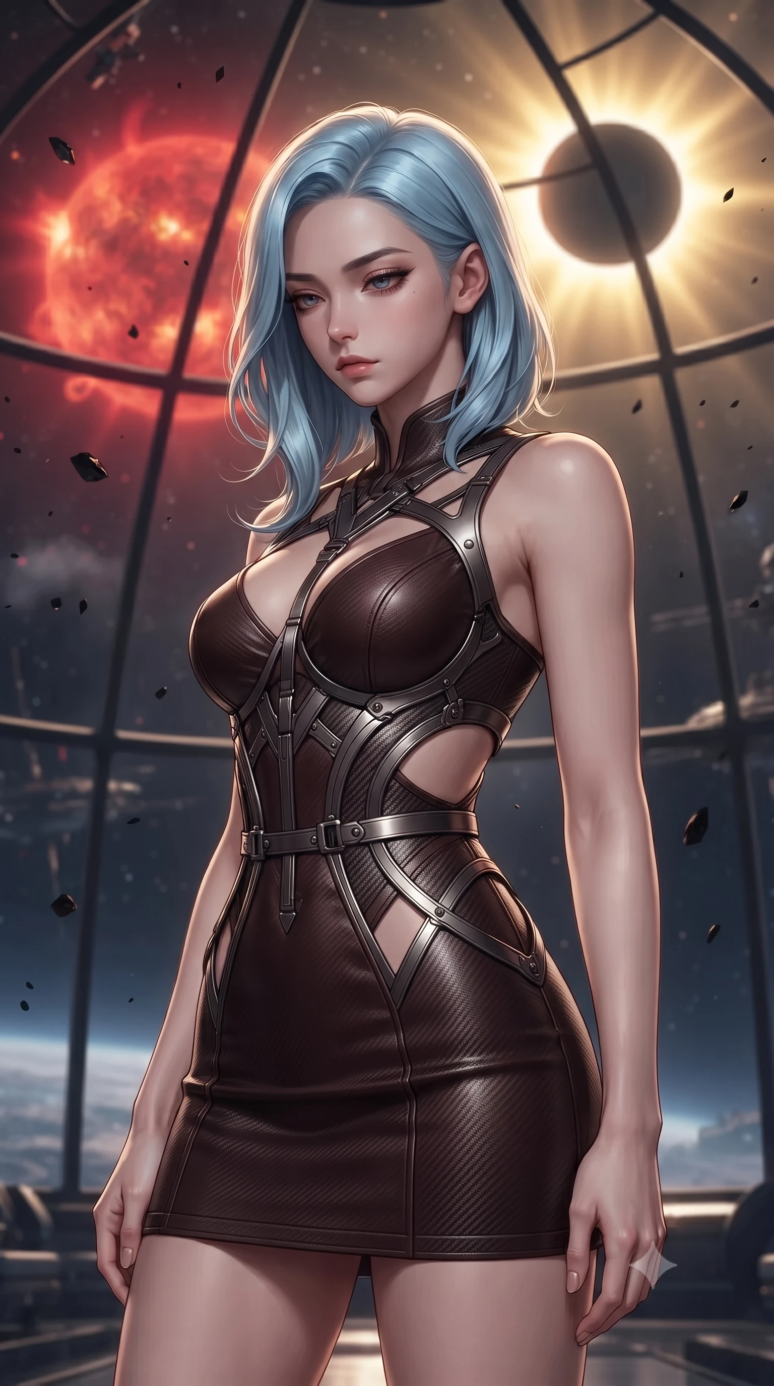 score_9, masterpiece, best quality, ultra-detailed, high-budget anime keyframe, editorial fashion photography, tasteful artistic composition, Korean woman. close-up cowboy shot from the waist and thighs up, the character dominates the composition, filling the frame with her large presence, background elements kept in soft focus. Looking down with lowered lashes and a composed, powerful dark aura, poised before a giant panoramic glass dome overlooking a dying crimson star, dark cosmic dust particles drifting like suspended obsidian flecks. She has an exceptionally elegant, slender, and willowy female figure with an ultra-slim waist, a gracefully sculpted slender torso, and a refined silhouette. sharp v-shaped jawline, high-bridge nose, intricate jewel-like eyes with depth, thick eyelashes, glossy lips with a natural sheen. wearing architectural cut-out dark leather mini dress with sculpted metallic boning in dark mahogany, made of matte carbon-fiber weave, highlighted by a gunmetal metallic harness structure, highlighting her statuesque proportions and ultra-slim waistline. illuminated by the radiant golden corona of a black eclipse against total dark space. highly saturated vibrant anime colors, detailed shading with soft gradients, rich glossy textures, high-contrast stereoscopic depth, volumetric dynamic lighting, master piece, 9:16 ratio