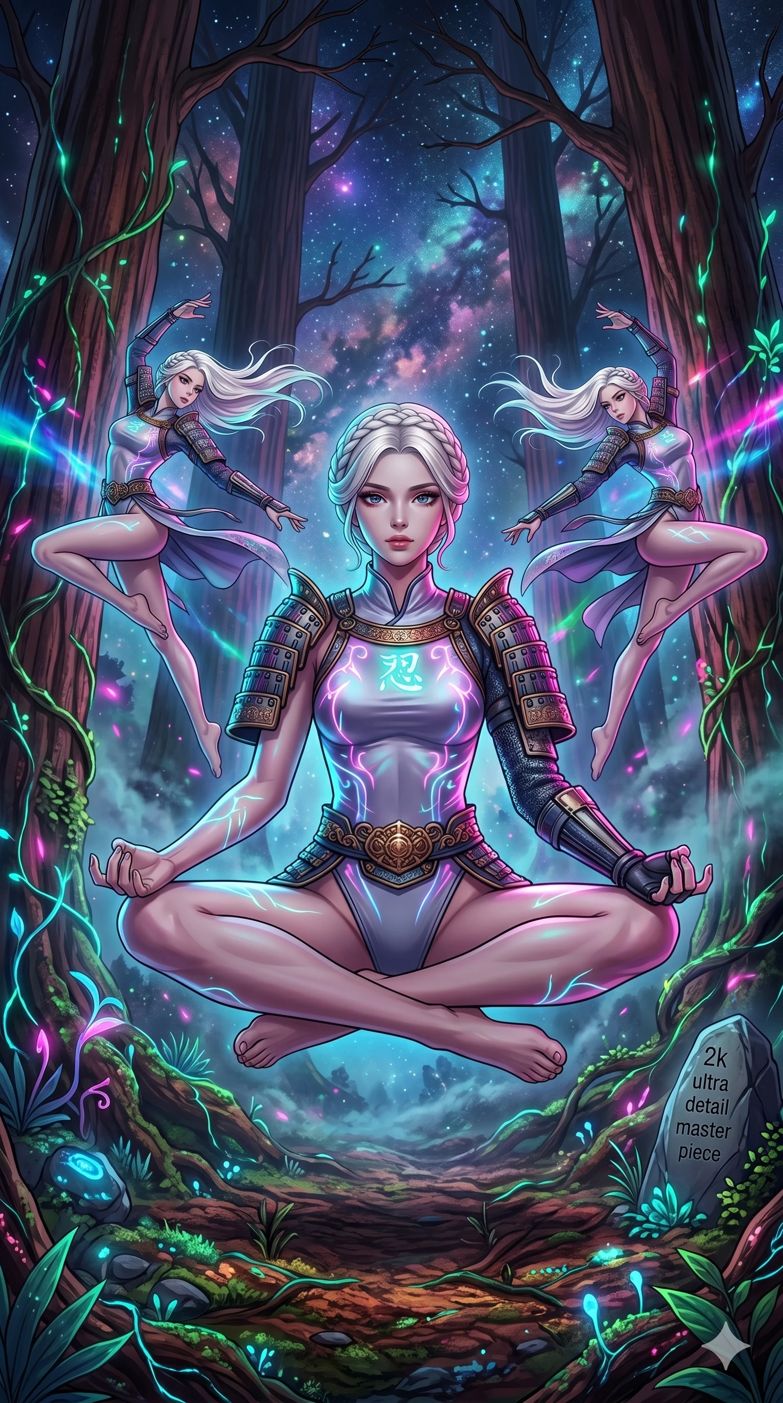 score_9, masterpiece, best quality, ultra-detailed, Set A: High-budget Anime Keyframe, Korean woman. Low angle cowboy shot filling the entire 9:16 frame with her statuesque presence. Theme: Abstract Cosmic. meditating in a giant redwood forest with glowing vines, as her reflection in the air starts to dance independently 55. The atmosphere is filled with heavy smog with neon flares. She has an absolutely perfect 8-heads proportion, an exceptionally tall and slender female figure with impossibly long slender legs and an ultra-slim waist. Sharp v-shaped jawline, high-bridge nose, intricate jewel-like eyes with depth, glossy lips. Wearing Modernized samurai armor over a high-cut silk leotard with glowing energy kanji. Cinematic lighting, vivid colors, dramatic shadows, 2k, ultra detail, master piece, 9:16 ratio
