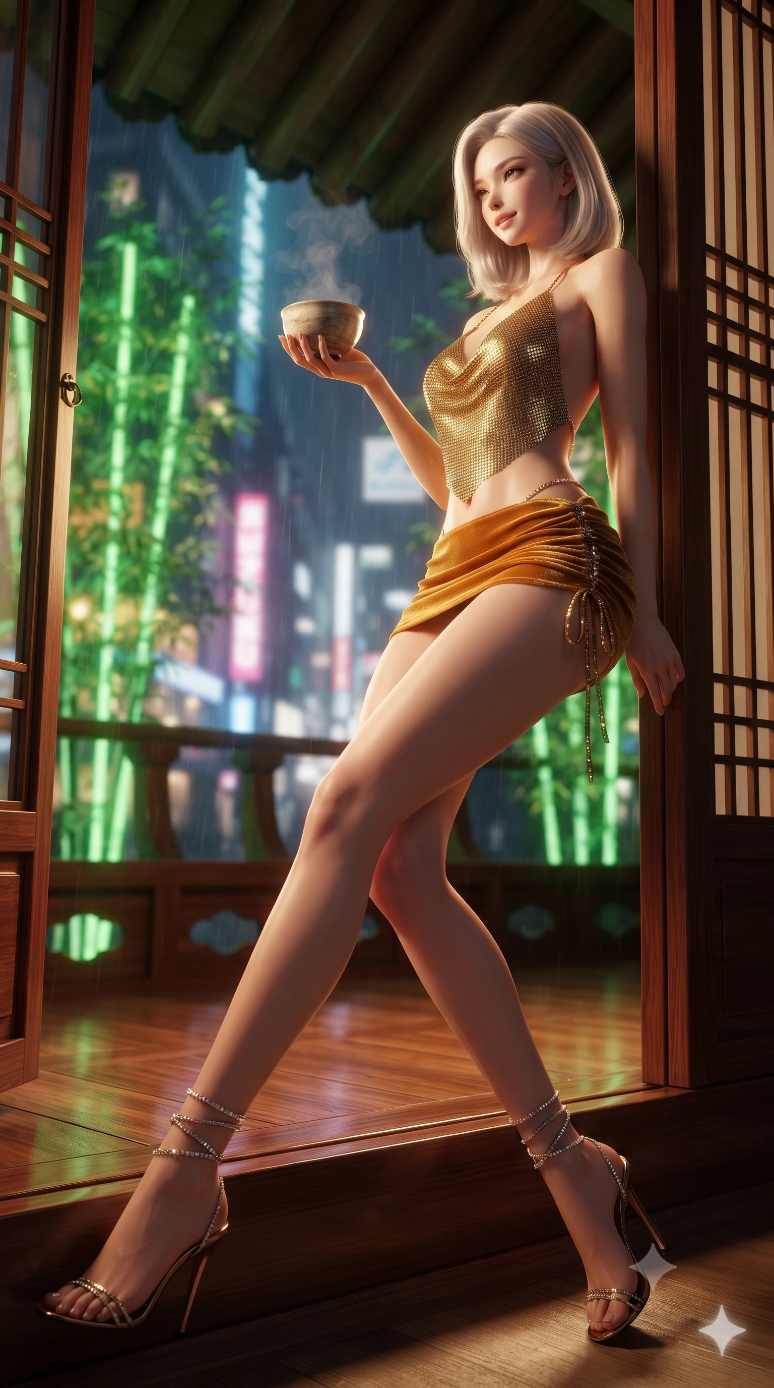 score_9, masterpiece, best quality, ultra-detailed, high-budget anime keyframe, editorial fashion photography, tasteful artistic composition, Korean woman. low angle full-body shot from head to toe showing her feet, filling the entire 9:16 vertical frame with her statuesque presence, stretching her vertical silhouette. executing a slow, graceful pivot turn as her skirt sways around her slender legs, glancing back with an enchanting, teasing sensual expression while perched sideways on the lacquered pavilion threshold with legs extended, holding a modern ceramic tea bowl with dangerous coquettish cool. The background shows a soft-focus glowing green laser bamboo poles, rainy Shinjuku neon skyscrapers outside, and curling ceramic tea steam blurred into jade, crimson, and charcoal bokeh. She has an absolutely perfect, statuesque 8.5-heads proportion, an exceptionally tall and slender model-like female figure with impossibly long slender legs, an ultra-slim waist, a flat toned midriff, narrow delicate ribcage, and beautifully sculpted feminine hips creating a graceful, slim hourglass silhouette without any bulky heaviness. sharp v-shaped jawline, high-bridge nose, sparkling eyes with hypnotic seductive depth, thick curled eyelashes, glossy parted lips with a natural dewy peach sheen, alluring bedroom-eyes with an enchanting coquettish smile, exuding magnetic siren charisma and sophisticated glamour, flawlessly proportioned anatomical accuracy, strict slender model proportions, natural body alignment, perfectly sculpted long slender limbs, ultra-slim waistline, clean dynamic posture without body distortion. wearing a liquid gold chainmail cowl halter top paired with an ultra-low-rise velvet mini skirt and side rhinestone ties in warm amber honey and antique gold leaf, woven from stretch metallic lurex jersey casting radiant starlight glints across her silhouette, complemented by strappy stiletto sandals with crystal ankle wraps accentuating her slender calves, the second-skin tailored fabric adhering flawlessly to her sculpted flat midriff and slender torso, emphasizing her long leg lines and perfectly proportioned willowy build. bathed in warm 2800K tea table downlighting mixed with vibrant green laser lattice accents and exterior neon fill. ultra-reflective glossy finish, specular highlights, rich textural contrasts, high-contrast stereoscopic depth, volumetric dynamic lighting, 2k, ultra detail, master piece, 9:16 ratio