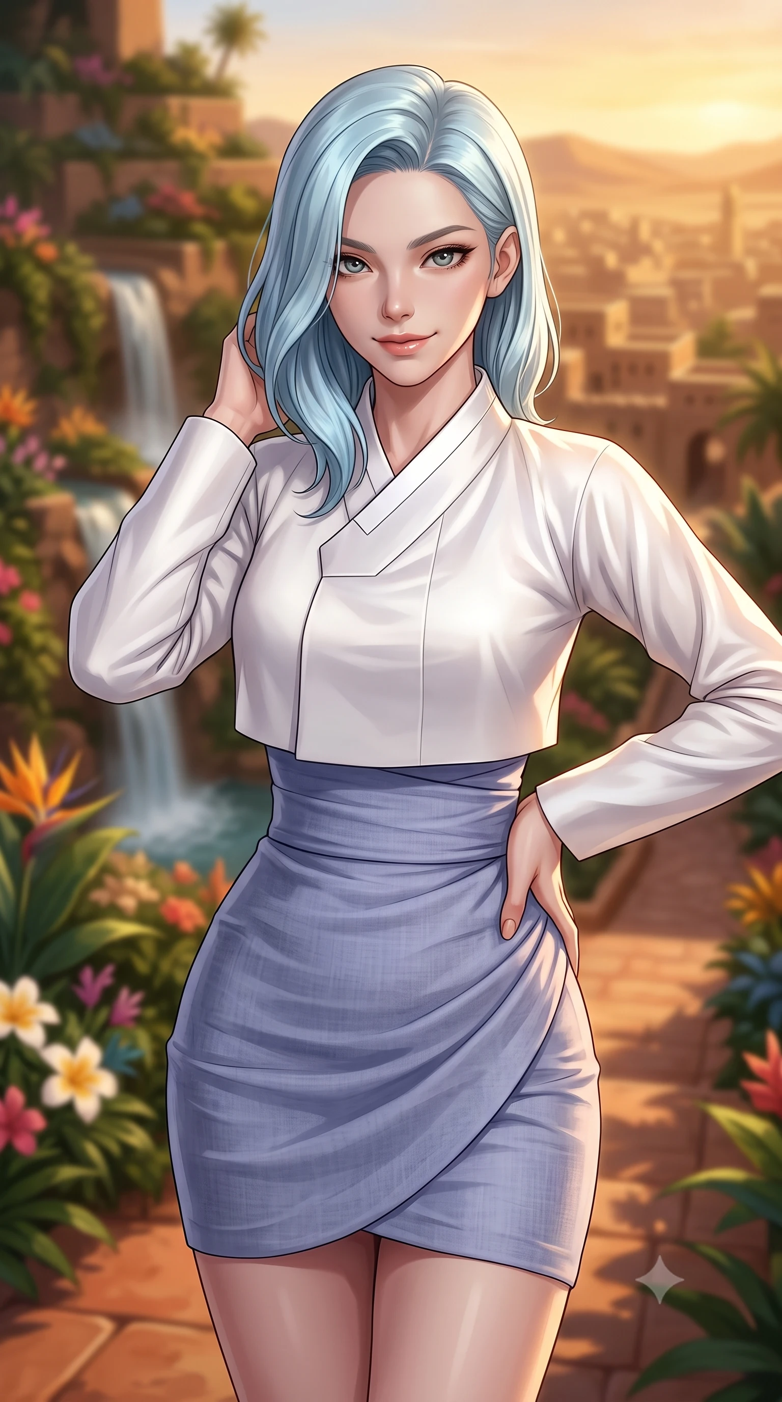 score_9, masterpiece, best quality, ultra-detailed, high-budget anime keyframe, editorial fashion photography, tasteful artistic composition, Korean woman. close-up cowboy shot from the waist and thighs up, the character dominates the composition, filling the frame with her large presence, background elements kept in soft focus. Exhibiting a confident, playful smirk directly into the camera. set against a soft-focus background of on the stepped terraces of a lush hanging garden filled with tropical flowers, cascading waterfalls, and terracotta pathways overlooking an ancient desert city. She has an exceptionally elegant, slender, and willowy female figure with a highly-defined ultra-slim waist, a gracefully sculpted slender torso, and a refined slim-fit silhouette that contours her form. sharp v-shaped jawline, high-bridge nose, intricate jewel-like eyes with depth, thick eyelashes, glossy lips with a natural sheen. wearing a modern fusion Hanbok with a white silk cropped jeogori and a form-fitting pale indigo linen wrapped skirt. warm golden hour light from a setting desert sun painting the greenery in warm gold and casting deep soft shadows. 2k, ultra detail, master piece, 9:16 ratio