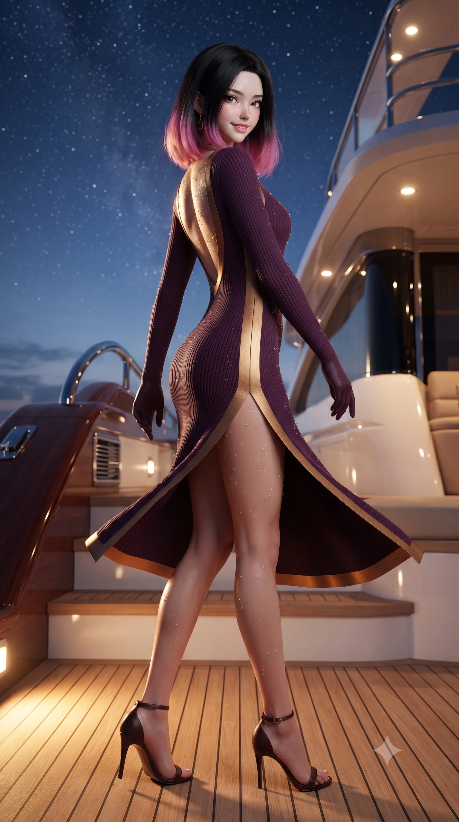 score_9, masterpiece, best quality, ultra-detailed, high-budget anime keyframe, editorial fashion photography, tasteful artistic composition, Korean woman. low angle full-body shot from head to toe showing her feet, filling the entire 9:16 vertical frame with her statuesque presence, stretching her vertical silhouette. executing a slow, graceful pivot turn as her skirt sways around her slender legs, glancing back with an enchanting, teasing sensual expression while twisting her slender torso in an alluring contrapposto stance, warm bubbly water droplets beading across her flat midriff, waist, and hips. The surrounding environment is rendered in vivid detail and crisp panoramic clarity: detailed strappy wet-look lycra swimwear cling, dewy skin sheen, and bespoke yacht craftsmanship in razor-sharp precision. She has an absolutely perfect, statuesque 8.5-heads proportion, an exceptionally tall and slender model-like female figure with impossibly long slender legs, an ultra-slim waist, a flat toned midriff, narrow delicate ribcage, and beautifully sculpted feminine hips creating a graceful, slim hourglass silhouette without any bulky heaviness. sharp v-shaped jawline, high-bridge nose, sparkling eyes with hypnotic seductive depth, thick curled eyelashes, glossy parted lips with a natural dewy peach sheen, alluring bedroom-eyes with an enchanting coquettish smile, exuding magnetic siren charisma and sophisticated glamour, flawlessly proportioned anatomical accuracy, strict slender model proportions, natural body alignment, perfectly sculpted long slender limbs, ultra-slim waistline, clean dynamic posture without body distortion. wearing a plunging V-neck rib-knit sweater dress with an open-back scoop and daring side leg slit in rich dark plum violet and gilded bronze, tailored from fine structural neoprene with crisp architectural edges and smooth contouring, finished with glistening drops of pool water beading across her sculpted shoulders and collarbones, the glove-like clinging cut tightly following the natural contour of her hips and long slender legs with youthful 8.5-heads elegance. bathed in warm 3000K underwater tub illumination paired with celestial Caribbean starlight fill. ultra-reflective glossy finish, specular highlights, rich textural contrasts, high-contrast stereoscopic depth, volumetric dynamic lighting, 2k, ultra detail, master piece, 9:16 ratio
