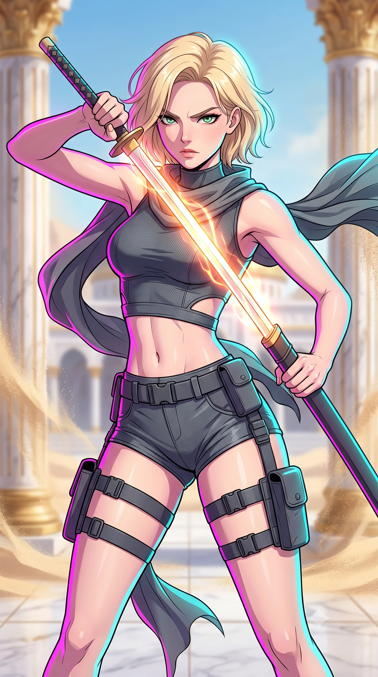 score_9, masterpiece, best quality, ultra-detailed, high-budget anime keyframe, clean line-art, cel-shading, Caucasian woman, strictly human ears. close-up cowboy shot from the waist and thighs up, the character dominates the composition, filling the frame with her large presence, background elements kept in soft focus. Drawing a glowing sword with fierce determination and a sharp sidelong glare. set against a soft-focus background of a white marble palace courtyard that shimmers and fades in a desert mirage, gold columns slowly dissolving into sand particles. She has an exceptionally elegant and slender, willowy female figure with an ultra-slim waist, a gracefully sculpted slender torso, and a refined slim physique. sharp v-shaped jawline, high-bridge nose, intricate jewel-like eyes with depth, thick eyelashes, glossy lips with a natural sheen. wearing the lightweight fabric rippling and billowing dramatically with her movement, a form-contouring cyber-tactical crop top in dark grey with a subtle waist cutout, paired with matching high-cut shorts and thigh straps. brilliant cinematic volumetric lighting with intense neon rim light outlining her form. highly saturated vibrant anime colors, intense vivid color palette, volumetric dynamic lighting, 2k, ultra detail, master piece, 9:16 ratio