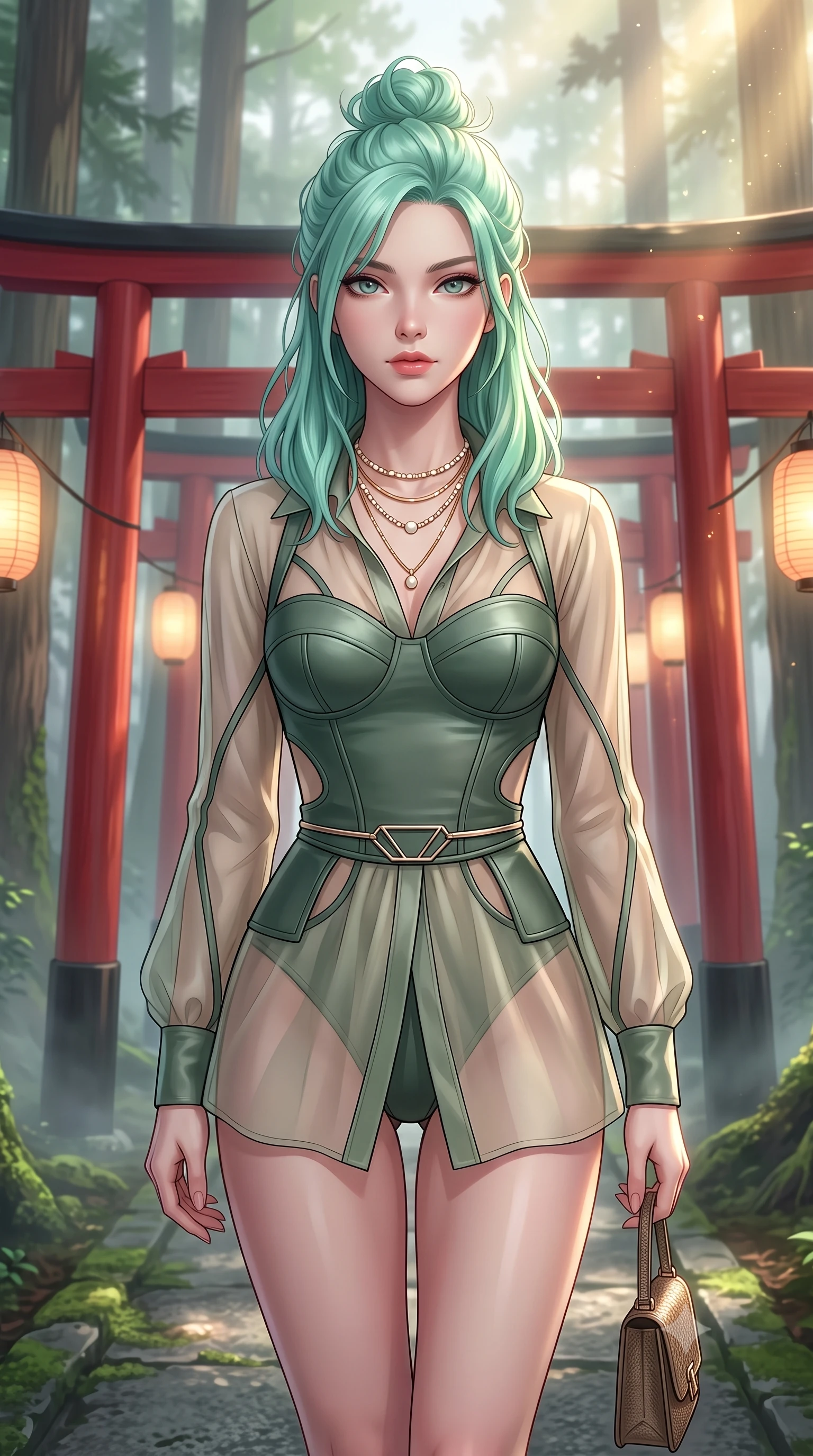 score_9, masterpiece, best quality, ultra-detailed, high-budget anime keyframe, editorial fashion photography, tasteful artistic composition, Japanese woman. close-up cowboy shot from the waist and thighs up, the character dominates the composition, filling the frame with her large presence, background elements kept in soft focus. Leaning slightly forward with a composed, seductive gaze under soft glowing light walking along a pathway lined with thousands of red torii gates in a misty forest, morning fog scattering golden sunlight through towering cedar trees. She has an exceptionally elegant, slender, and willowy female figure with an ultra-slim waist, a gracefully sculpted slender torso, and a refined silhouette. sharp v-shaped jawline, high-bridge nose, intricate jewel-like eyes with depth, thick eyelashes, glossy lips with a natural sheen. wearing a tailored leather bustier over a sheer silk chiffon blouse in sage green and oatmeal, formed from sleek second-skin neoprene, featuring clean architectural cutouts along her slender torso, the glove-like fit emphasizing her statuesque silhouette. illuminated by soft glowing paper lantern light and warm sunbursts. highly saturated vibrant anime colors, detailed shading with soft gradients, rich glossy textures, high-contrast stereoscopic depth, volumetric dynamic lighting, master piece, 9:16 ratio